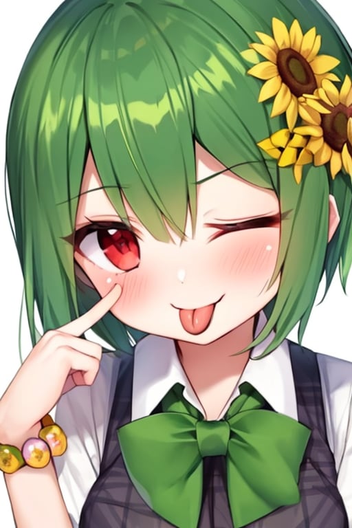 (masterpiece),(best quality), 

1girl, solo, blush, short hair, simple background, hair ornament, red eyes, white background, bow, upper body, flower, one eye closed, green hair, tongue, hair flower, tongue out, vest, plaid, ascot, :p, sunflower, ;p, flower bracelet