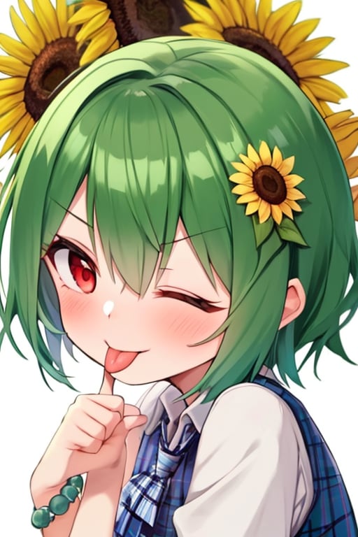 (masterpiece),(best quality), 

1girl, solo, blush, short hair, simple background, hair ornament, red eyes, white background, bow, upper body, flower, one eye closed, green hair, tongue, hair flower, tongue out, vest, plaid, ascot, :p, sunflower, ;p, flower bracelet