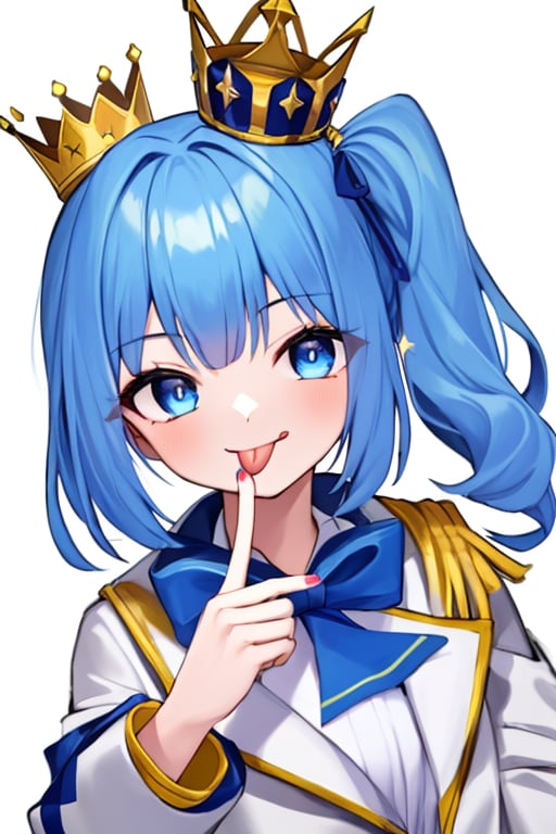 (masterpiece),(best quality), 

1girl, solo, looking at viewer, smile, blue eyes, simple background, shirt, white background, bow, ribbon, blue hair, jacket, upper body, sidelocks, tongue, tongue out, medium hair, star (symbol), side ponytail, blue bow, white jacket, crown, :p, blue nails, akanbe