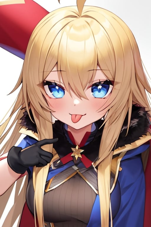 (masterpiece),(best quality), 

1girl, solo, long hair, looking at viewer, blue eyes, blonde hair, gloves, ahoge, tongue, black gloves, tongue out, cape, mask, :p, akanbe