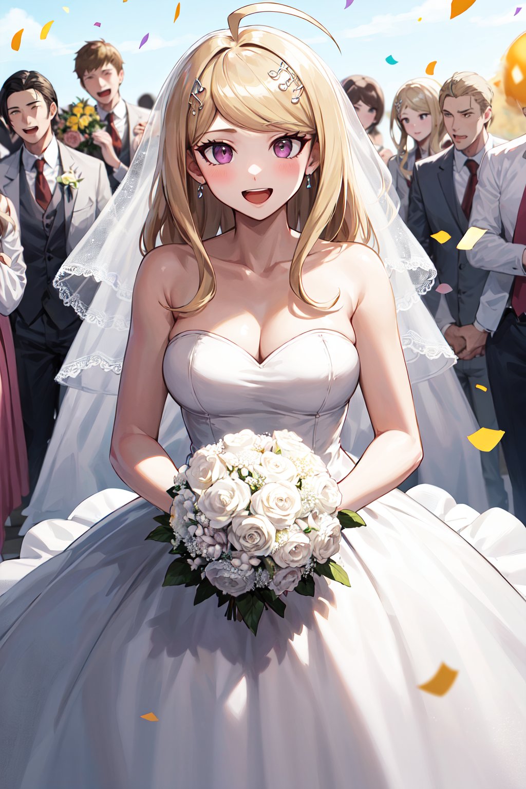 masterpiece, best quality, highres, aakaede, long hair, ahoge, hair ornament, breasts, <lora:akamatsu_kaede_v1:0.7>, white dress, wedding dress, strapless, smile, open mouth, holding bouquet, standing, confetti