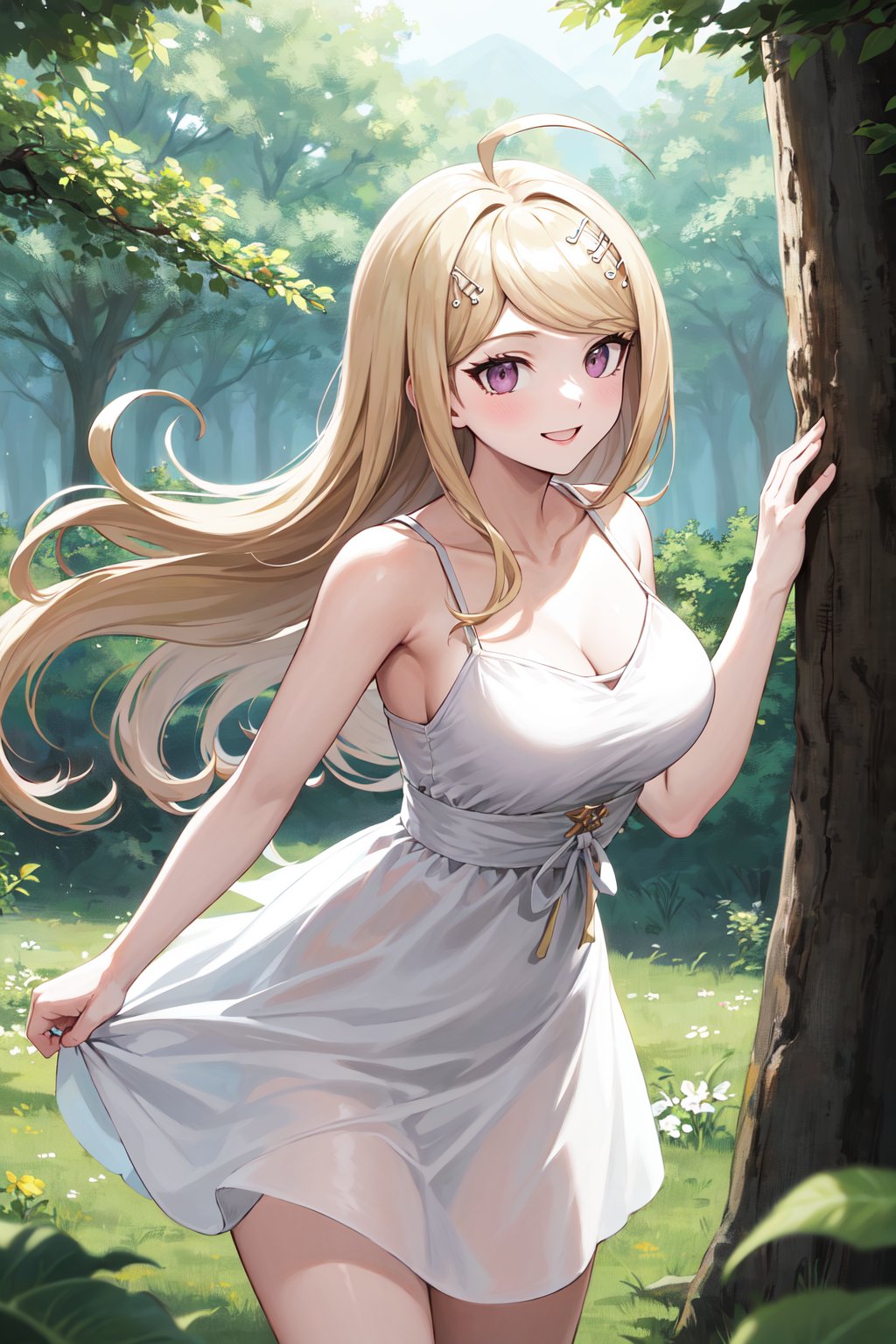 masterpiece, best quality, highres, aakaede, long hair, ahoge, hair ornament, breasts, <lora:akamatsu_kaede_v1:0.7>, white dress, sundress, forest, smile