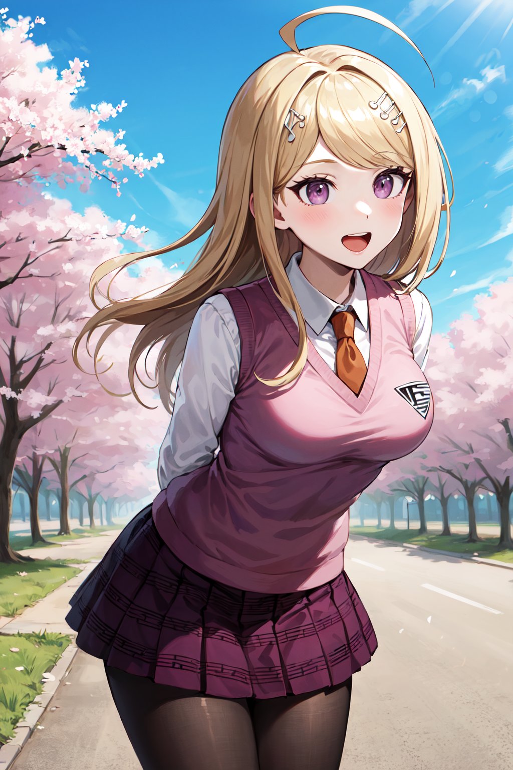 masterpiece, best quality, highres, aakaede, long hair, ahoge, hair ornament, breasts, school uniform, necktie, pink vest, sweater vest, collared shirt, long sleeves, pleated skirt, purple skirt, print skirt, pantyhose, <lora:akamatsu_kaede_v1:0.7>, standing, cowboy shot, leaning forward, arms behind back, smile, open mouth, outdoors, cherry blossoms, 