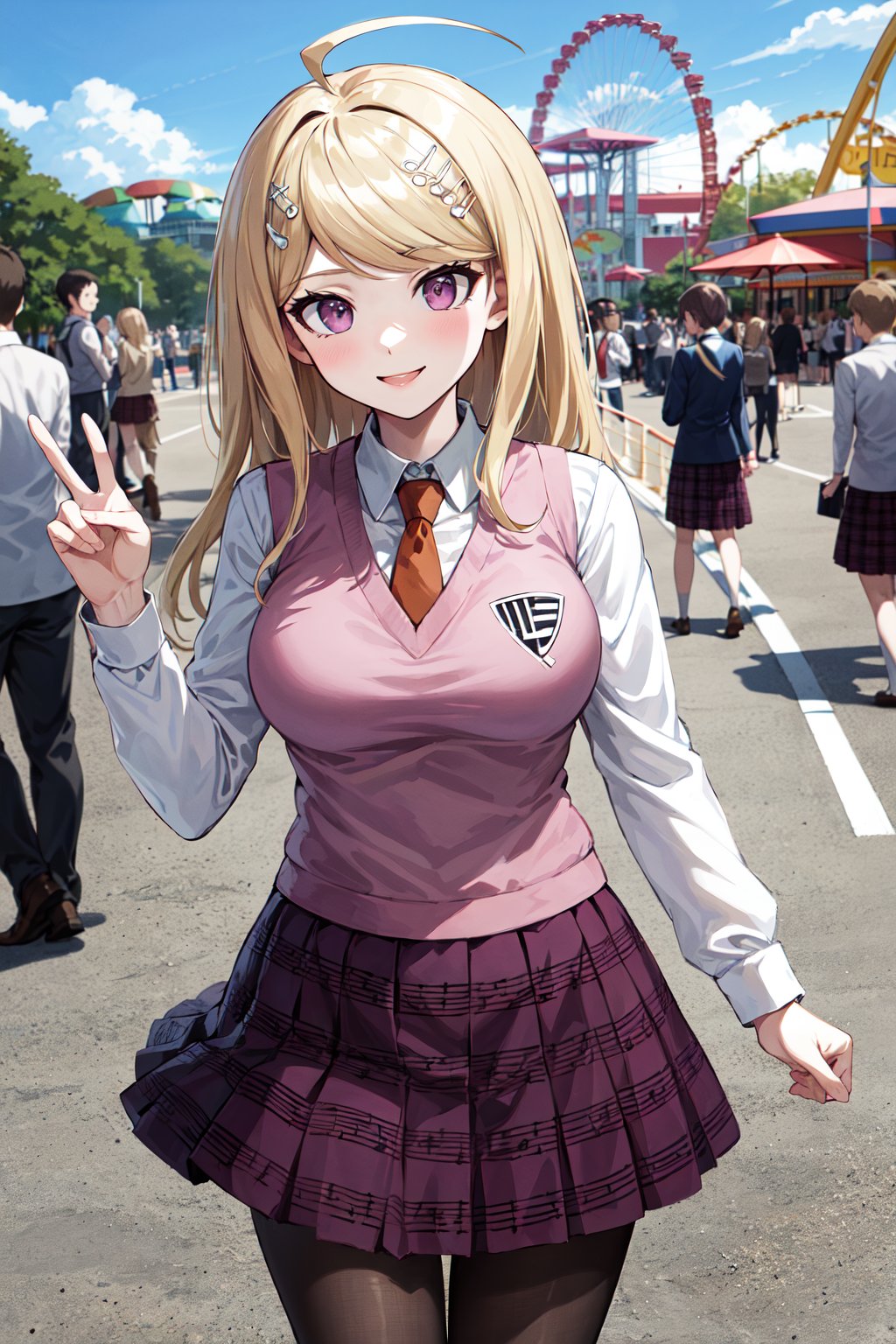 masterpiece, best quality, highres, aakaede, long hair, ahoge, hair ornament, breasts, school uniform, necktie, pink vest, sweater vest, collared shirt, long sleeves, pleated skirt, purple skirt, print skirt, pantyhose, <lora:akamatsu_kaede_v1:0.7>, amusement park, smile, peace sign, standing