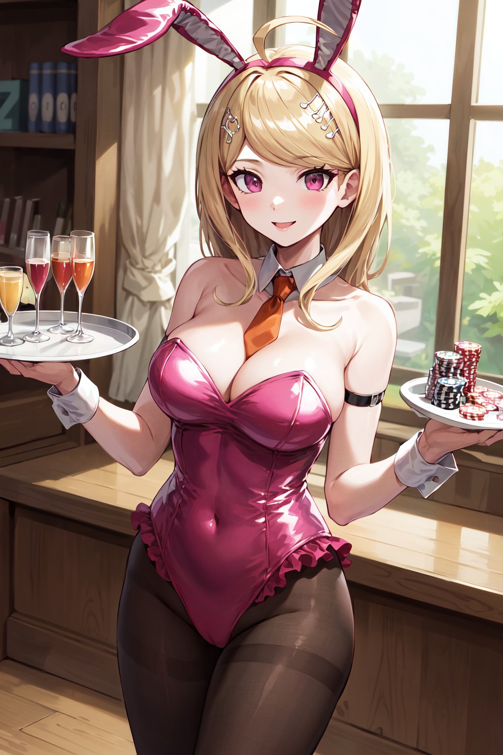 masterpiece, best quality, highres, aakaede, long hair, ahoge, hair ornament, rabbit ears, breasts, playboy bunny, detached collar, orange necktie, bare shoulders, strapless, pink leotard, frills, wrist cuffs, pantyhose, <lora:akamatsu_kaede_v1:0.7>, casino, holding tray, smile, standing