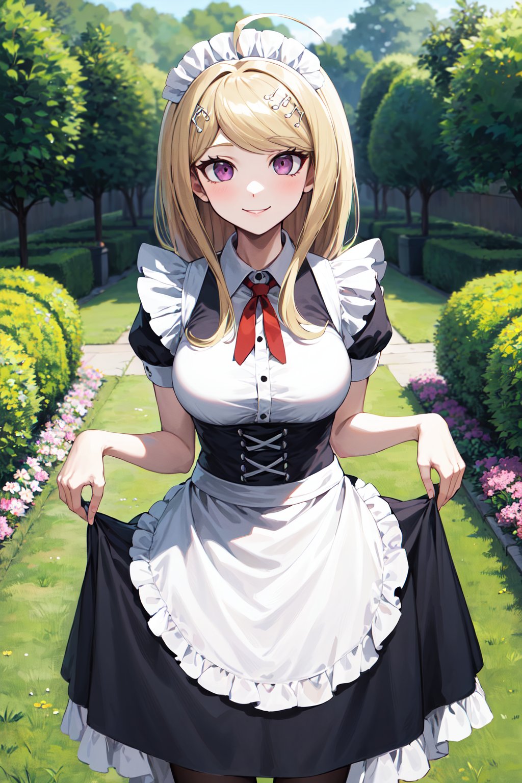 masterpiece, best quality, highres, aakaede, long hair, ahoge, hair ornament, breasts, <lora:akamatsu_kaede_v1:0.7>, maid, maid headdress, smile, skirt hold, garden, standing