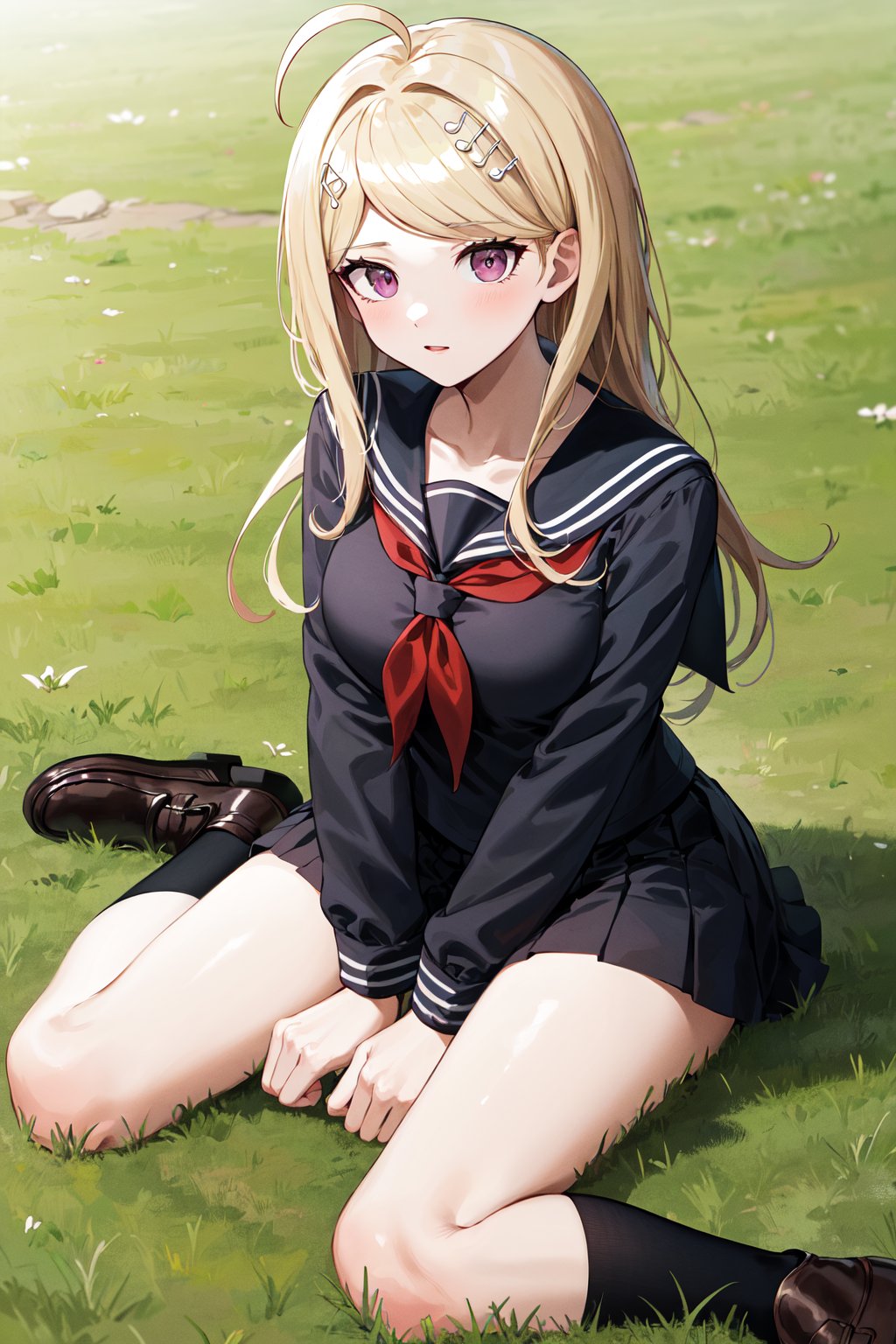 masterpiece, best quality, highres, aakaede, long hair, ahoge, hair ornament, breasts, collarbone, black serafuku, sailor collar, red neckerchief, (black shirt:1.2), long sleeves, black skirt , <lora:akamatsu_kaede_v1:0.7>, loafers, wariza, grass, filed,