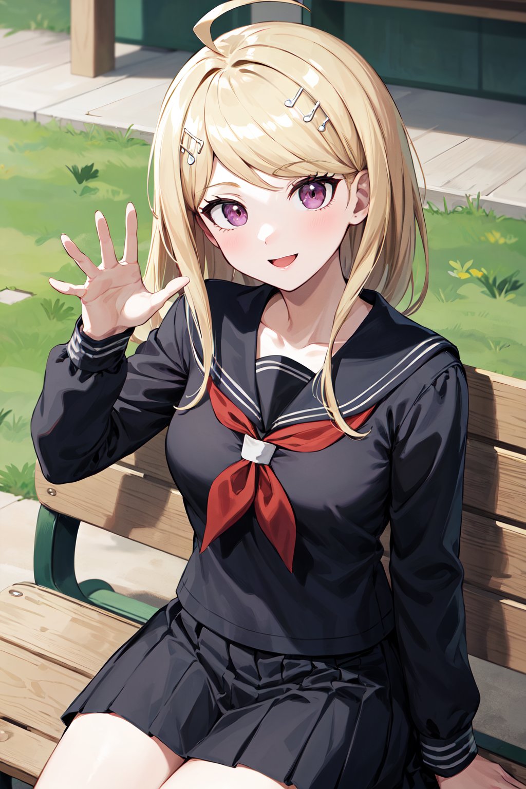 masterpiece, best quality, highres, aakaede, long hair, ahoge, hair ornament, breasts, collarbone, black serafuku, sailor collar, red neckerchief, (black shirt:1.2), long sleeves, black skirt , <lora:akamatsu_kaede_v1:0.7>, waving, smile, sitting, bench