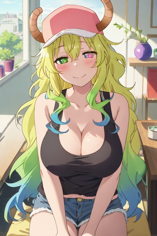 best quality, masterpiece, highres, solo, {quetzalcoatl_kobayashisanchinomaidragon:1.15}, green_hair, long_hair, blonde_hair, horns, multicolored_hair, dragon_horns, dragon_girl, gradient_hair, blush, closed_eyes, hat, horns_through_headwear, baseball_cap, breasts, anime_coloring, large_breasts, pink_headwear, smile, cleavage, closed_mouth, blue_hair, 1girl, green_eyes, heterochromia, looking_at_viewer, multicolored_eyes, tank_top, unusually_open_eyes, slit_pupils, bare_shoulders, hair_between_eyes, indoors, purple_eyes, upper_body, yellow_pupils, collarbone