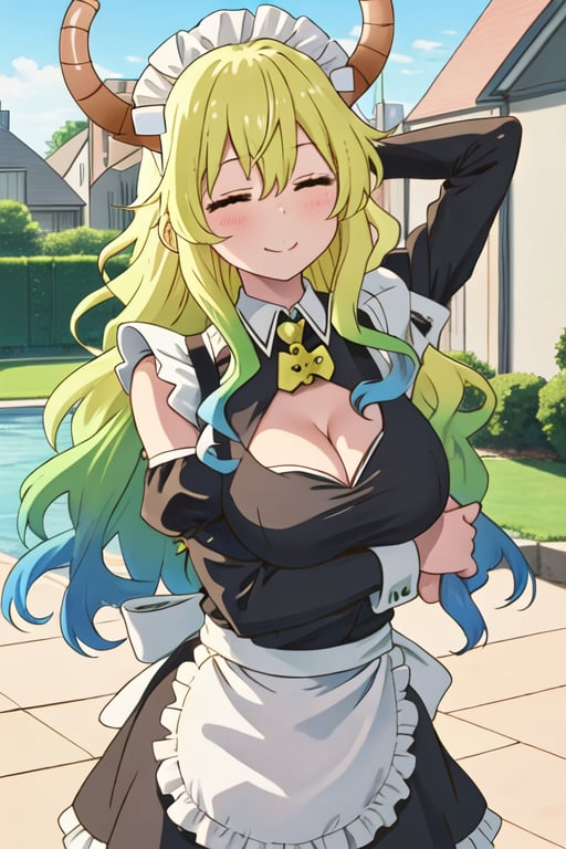 best quality, masterpiece, highres, solo, {maid:1.40}, {long maid dress:1.15}, {quetzalcoatl_kobayashisanchinomaidragon:1.15}, green_hair, long_hair, blonde_hair, horns, multicolored_hair, dragon_horns, dragon_girl, gradient_hair, blush, closed_eyes, hat, horns_through_headwear, baseball_cap, breasts, anime_coloring, large_breasts, pink_headwear, smile, cleavage, closed_mouth, blue_hair