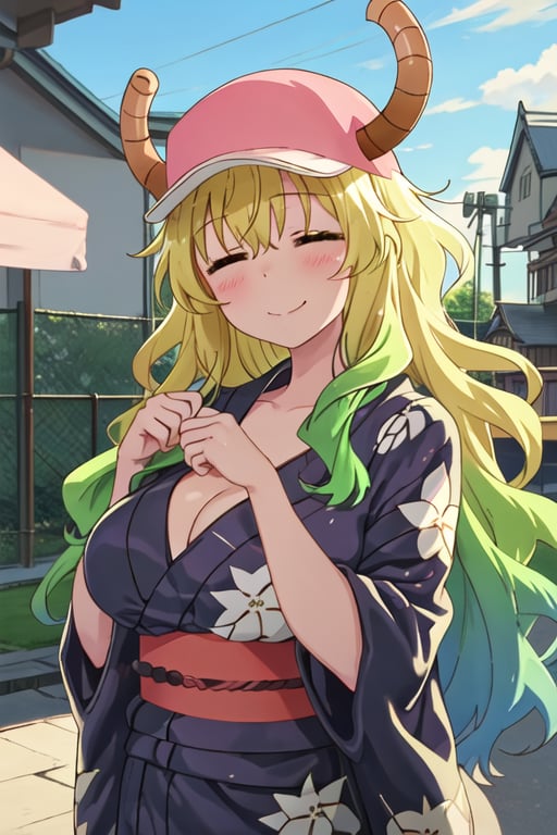 best quality, masterpiece, highres, solo, {yukata:1.40}, {kimono:1.20}, {quetzalcoatl_kobayashisanchinomaidragon:1.15}, green_hair, long_hair, blonde_hair, horns, multicolored_hair, dragon_horns, dragon_girl, gradient_hair, blush, closed_eyes, hat, horns_through_headwear, baseball_cap, breasts, anime_coloring, large_breasts, pink_headwear, smile, cleavage, closed_mouth, blue_hair