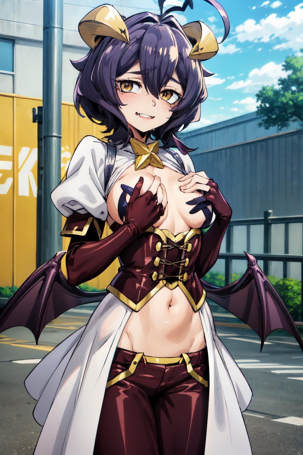 <lora:more_details:0.6>,  <lora:Hiiragi_Utena-08:0.7>, utena2_wz,short hair, purple hair, ahoge, yellow eyes,+.+, hair between eyes, demon wings, demon horns, pasties, fangs, demon girl, star pasties, puffy sleeves, purple elbow gloves, navel, purple pants, bat wings, crop top, corset, white dress, outdoors, street, cloudy sky, day, smile, crazy smile, parted lips, fang, saliva, cowboy shot, hand on chest, looking at viewer,, (highres:1.2),(ultra-detailed:1.2),[high dynamic range lighting],(masterpiece:1.3), (best quality),highly quality, intricate details,(extremely detailed CG unity 8k wallpaper:1.2),best shadow,(extremely detailed fine touch:1.2), (high resolution), (8K), (extremely detailed), (4k), (pixiv), perfect face, nice eyes and face, (super detailed), detailed face and eyes, textured skin, absurdres, highres