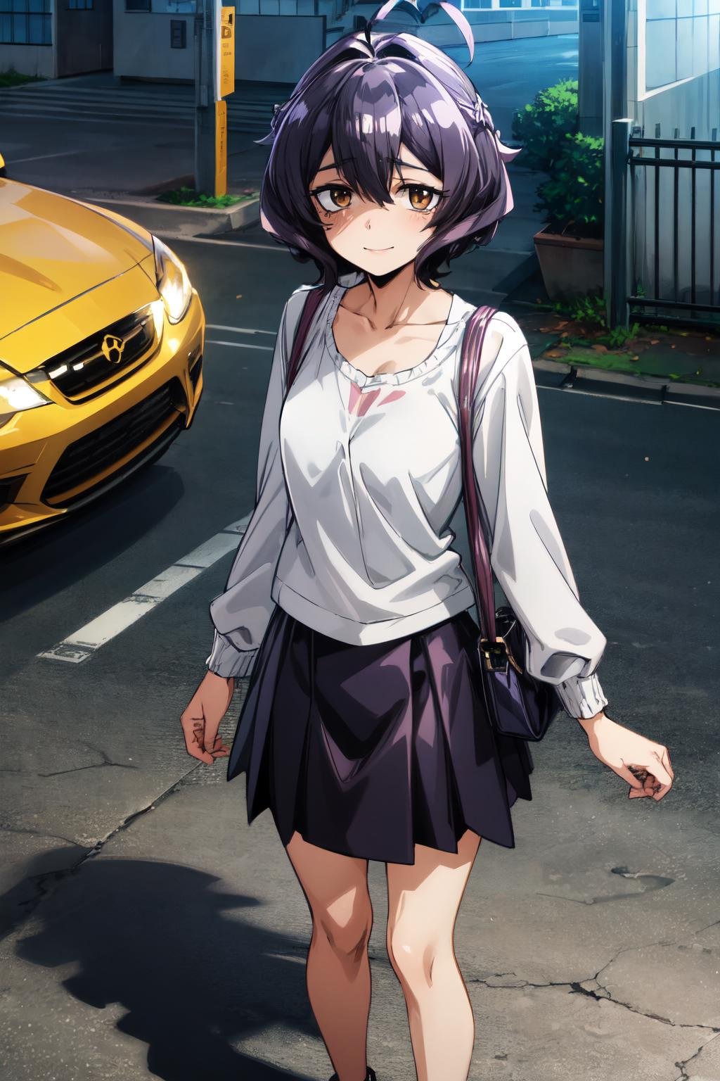 <lora:more_details:0.6>,  <lora:Hiiragi_Utena-08:0.7>, utena1_wz, short hair, purple hair, ahoge, brown eyes,hair between eyes, pink shirt, miniskirt, standing, looking at viewer, street, light smile, casual, (highres:1.2),(ultra-detailed:1.2),[high dynamic range lighting],(masterpiece:1.3), (best quality),highly quality, intricate details,(extremely detailed CG unity 8k wallpaper:1.2),best shadow,(extremely detailed fine touch:1.2), (high resolution), (8K), (extremely detailed), (4k), (pixiv), perfect face, nice eyes and face, (super detailed), detailed face and eyes, textured skin, absurdres, highres