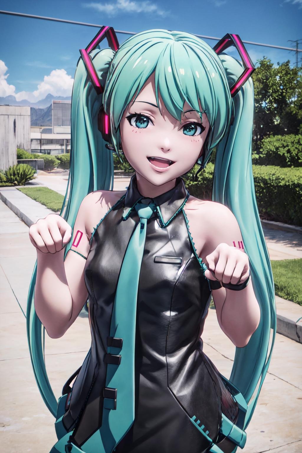 (detailed face), (good hand), <lora:more_details:0.5> ,<lora:ghost_sac_2045_style04:1>, ghost_sac_2045, (hatsune miku:1.2), (paw pose:1.3), outdoors, day, looking at viewer, upper body, smile, 1girl, (masterpiece:1.3), high quality, highres, absurdres, finely detailed, high detailed, solo<lora:GoodHands-beta2:1.0><lora:GoodHands-beta2:1.0>