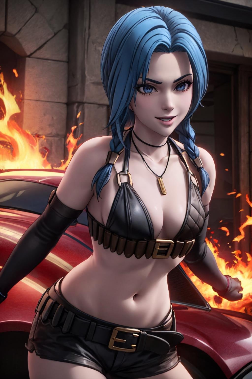 (detailed face), (good hand), <lora:more_details:0.5> ,<lora:ghost_sac_2045_style04:1>, ghost_sac_2045,  <lora:jinx_default_lol:0.7> jinx \(league of legends\), blue hair, 1girl, twin braids, single elbow glove, short shorts, bikini top only, necklace, belt, bullet, fingerless gloves, (fire:1.2) , crazy smile, fang, cowboy shot, looking at viewer, dynamic angle, apocalypse, cars, 1girl, (masterpiece:1.3), high quality, highres, absurdres, finely detailed, high detailed, solo<lora:GoodHands-beta2:1.0><lora:GoodHands-beta2:1.0>