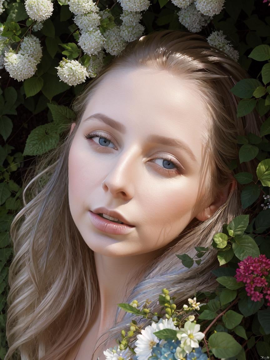 HelgaGrey, woman, (to8contrast style), high contrast, avant-garde, hyper-realistic. Beauty in secret garden with flowers and flora - soft lighting, shallow depth of field. Piercing blue eyes, silver and platinum hair - intense, ethereal, natural, artistic. Hidden within foliage., painting chuck close