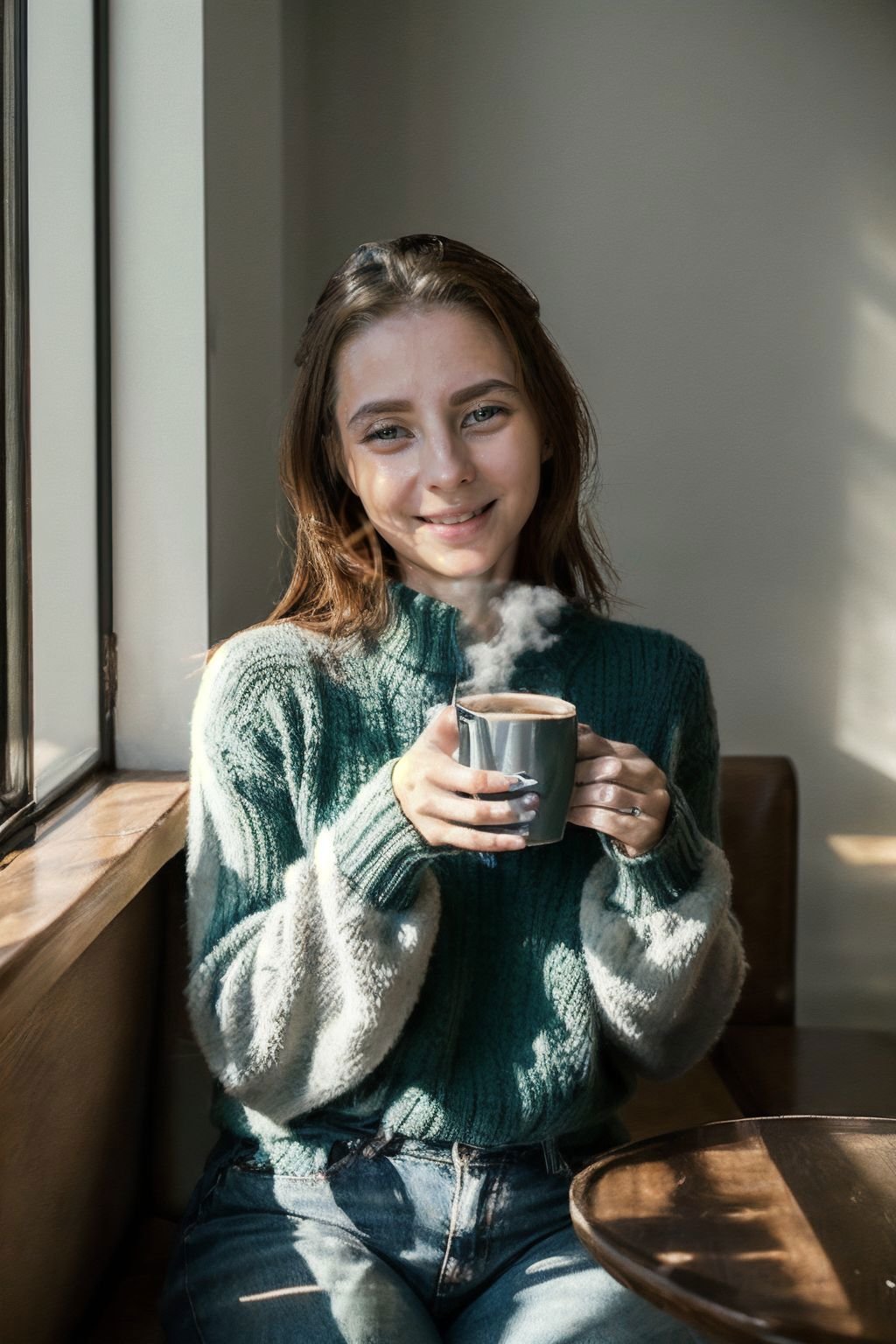 breathtaking professional photography of HelgaGrey, a woman <lora:HelgaGrey_SD15_v1.2:1> sits in a cozy corner of her favorite caf, sipping a cup of steaming chai tea. Dressed in a chunky knit sweater and high-waisted jeans, she wraps her hands around the mug, feeling the warmth seep into her fingers. A contented smile spreads across her face as she savors the rich flavors. The caf hums with gentle chatter and the aroma of fresh brew. This intimate moment encapsulates a sense of comfort, self-reflection, and appreciation for the simple pleasures of life. (volumetric steam:1.1) (masterpiece:1.2) (photorealistic:1.2) (bokeh) (best quality) (intricate details) (8k) (high poly) (ray tracing) (cinematic lighting) (sharp focus) (detailed face) (detailed pupils)