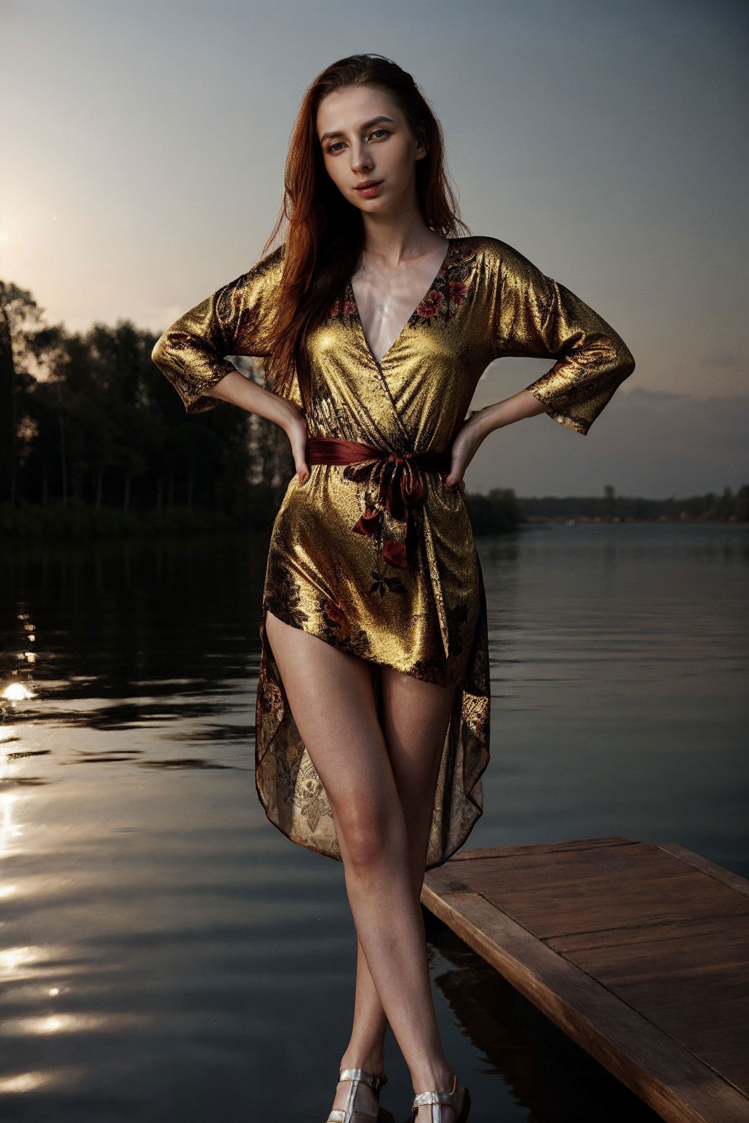 Beauty photo,<lora:HelgaGrey_SD15_v1.2:1> HelgaGrey(female in a dark        theme:1.3), with (Alena Akhmadullina      Silk, brocade   Kaftan style, V-neck, long sleeves, floral print, red and gold colorway:1.2) long curly hairstyle, detailed hair strand, ear, detailed upper torso, detailed eyes, detailed pupils, detailed iris, detailed nose, detailed lips, ears, detailed sideburns, eye reflection, ray tracing, path tracing, reflection,in style ofRichard Avedon  Portrait        Large-format camera, high-quality lenses        Simple backgrounds,<lora:epiC35mm:.5> 