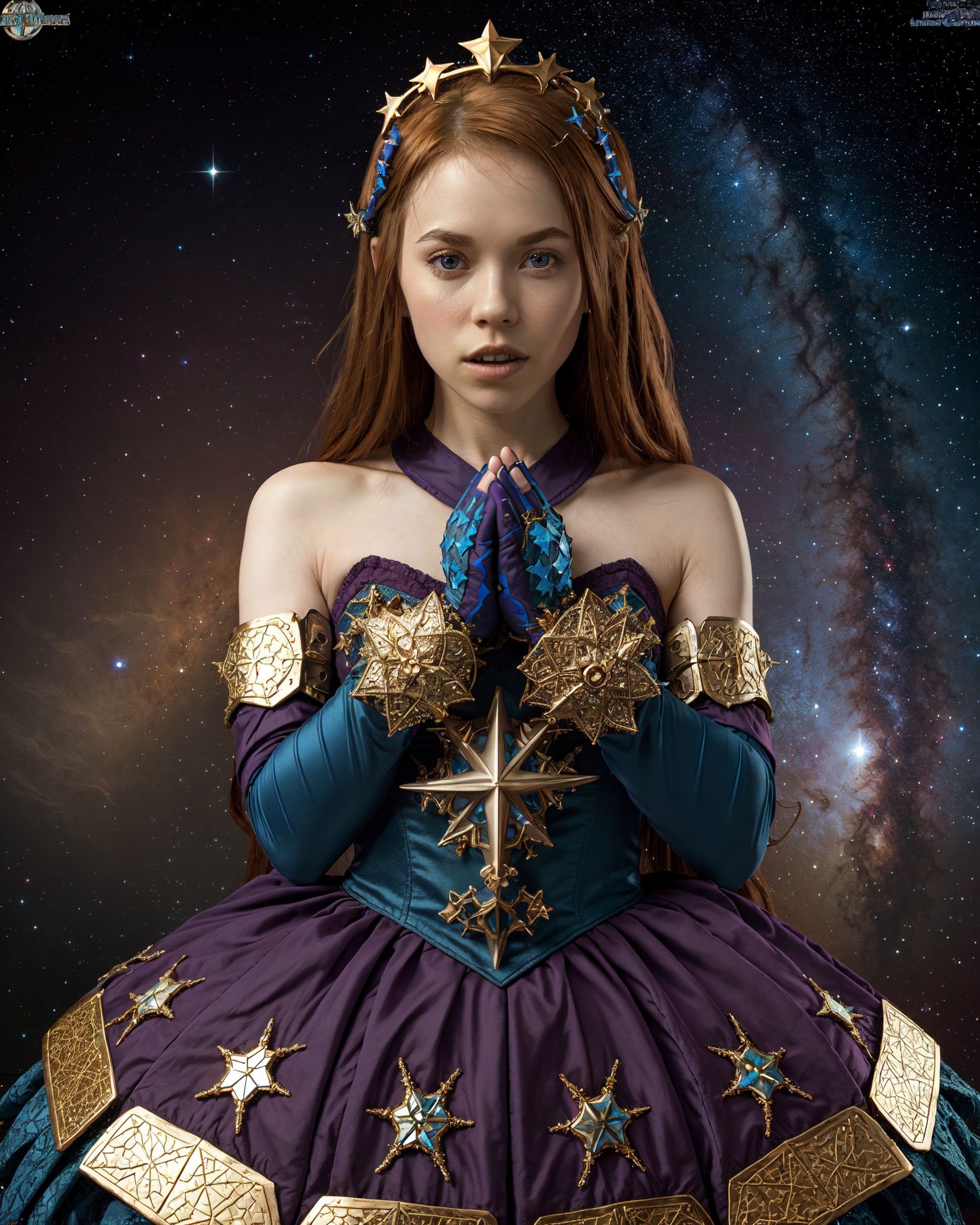 D011yLittle, Mist metal crown, kyber star jewels, nebula lace gloves, star map tiles mosaic. Fantastical creed, mystical mechanics, dark delight. Infinite hex. Jedi fantasy, star wars fantasy, absurdres, incredibly detailed, highest resolution, highest quality,