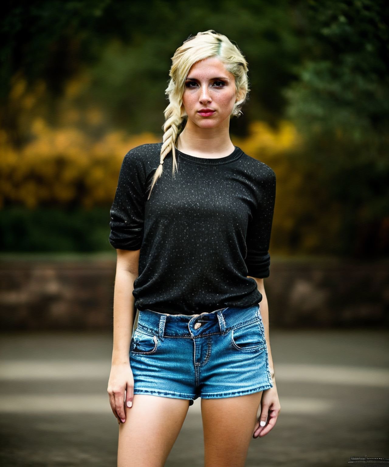 beauty photo of a woman <lora:PiperPerri_v1:1> a Realistic (Full Body shot:1.1) of a standing PiperPerri with (intricate complex updo hair:1.1) blonde hair style, Beautiful, Detailed face, Perfect eyes, (highly detailed skin:1.1), (wearing levi jeans a white blouse and all star converse sneaker high tops), perfect body, best quality, Modelshoot style, Professional Photography, Photorealistic, standing in a Dark Studio background, bokeh blurred background, RAW, analog style, sharp focus, 8k, ultra high resolution, DSLR, high quality, Fujifilm XT3, film grain, award winning, masterpiece (NSFW:-1) (Cleavage:-1) , confident, curious,