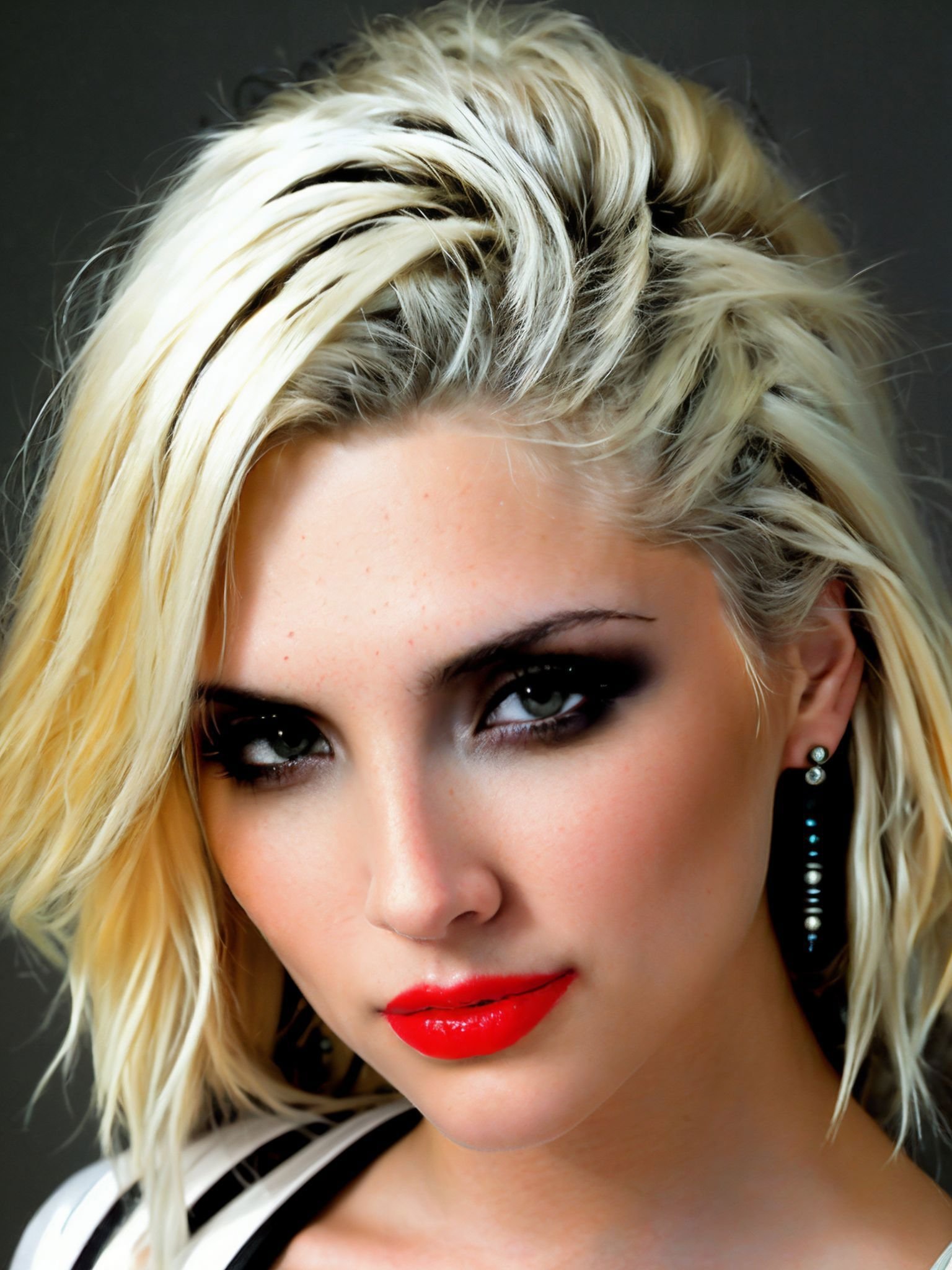 RAW, (upper body shot:1.2) of PiperPerri, evil grin, detailed face, perfect eyes, model pose,Punk, leather, black, studs, denim, rolled up sleeves, silver earrings, bright red lipstick, white sneakers, professional studio, LED lights, diffuser, gray backdrop, posing stand, oldschool microphone, lens, aperture, shutter speed, ISO, shadows, highlights, highlights and shadows, balance of light and dark, depth of field, golden ratio, rule of thirds, leading lines, focus points, candid shots, cinematic shots, motion blur, Chuck Close's hyperrealism, vivid details, closeup shots, from below, extreme details. platinum blonde hair, 