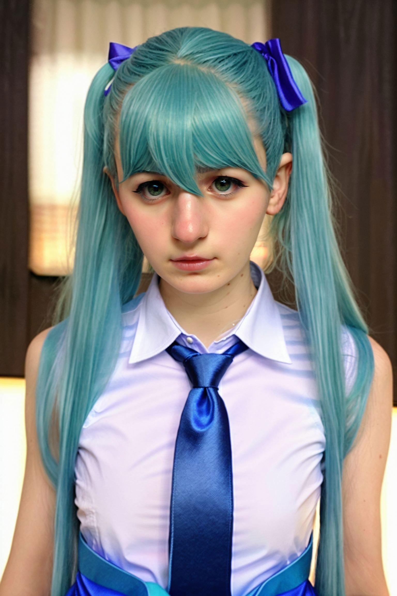 (beauty photo) portrait, rule of thirds,<lora:Tweetney_SD15_v1.0:1> photograph <lora:epiCRealismHelper:1>of woman Tweetney,  detailed hatsune miku \(cosplay\), blue tie, Short twin tails blue hair,    sleeveless white collared dress shirt, shirt_buttons, (arm warmers:1.1),  twin ponytail holders, nervous512, blurry background, black background, simple backgrounddetailed skin, detailed face, detailed eyes,  soft focus, in style of peter hegre