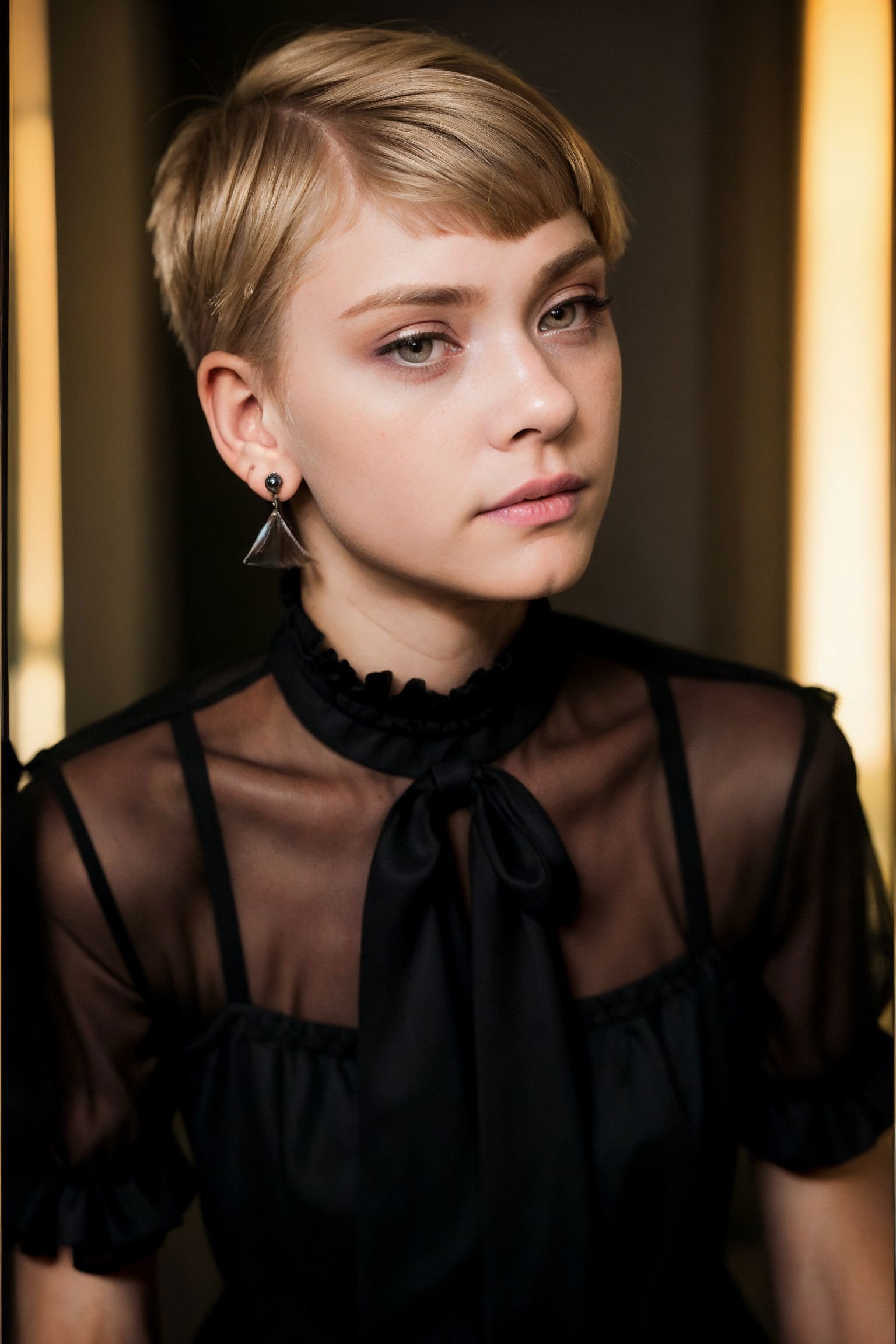 Beauty photo,<lora:HannahHays_v1.0:1> HannahHaysblonde female in a dark theme background, (modest:1.1) layered ruffled blouse, with (pixie cut:1.2) hairstyle, detailed hair strand, ear, detailed upper torso, detailed eyes, detailed pupils, detailed iris, detailed nose, detailed lips, ears, detailed sidelocks, eye reflection, different reflection,  shy, timid, apprehensive, earrings,in style ofeter Lindbergh  Elegant, Intimate       Canon 5D Mark III,      Sensual portraits, intimate close-ups, natural poses    Minimalist environments, soft lighting