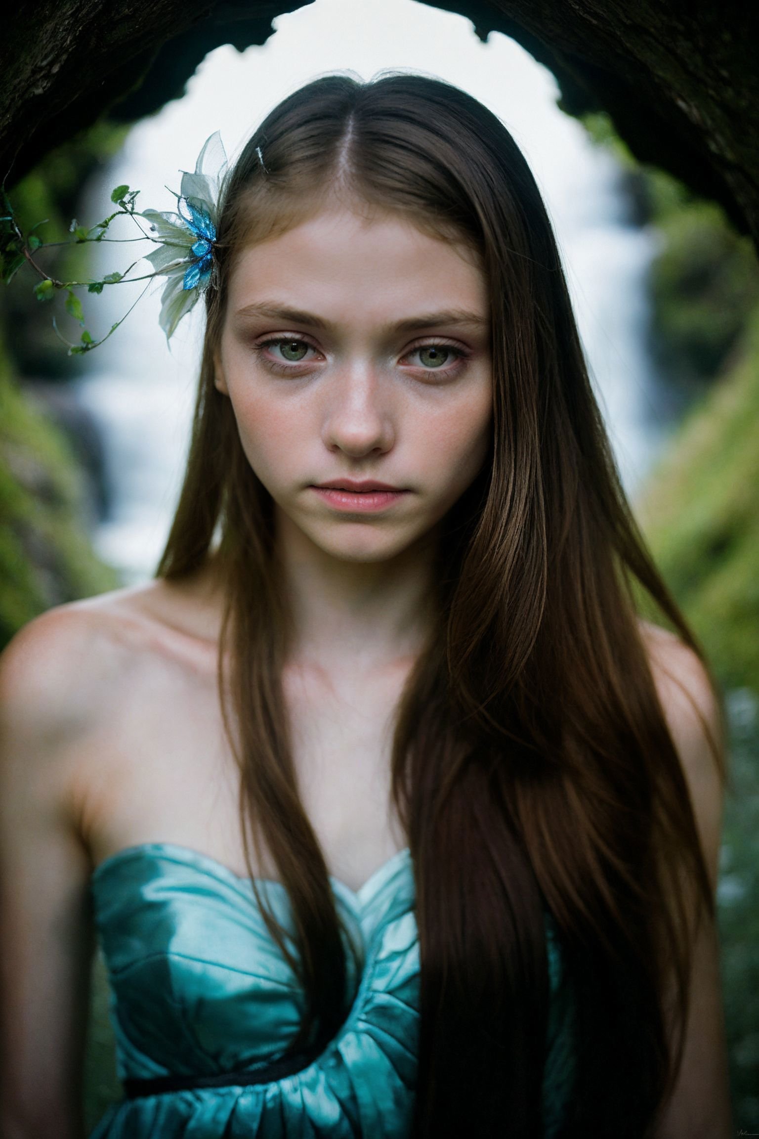 Beauty photo,full body shot,<lora:HannahHays_v1.0:1> HannahHaysfemale in a fantasy seascape theme with natural light dappled lighting, detailed long hair hairstyle, rule of thirds, detailed eyes, (longing, pining, yearning, pining,:1.1)in style of Tim Walker      Whimsical, Ethereal     Mamiya RZ67 Pro II, Mamiya 55-110mm, Hasselblad HC 80mm Fantastical characters in dreamlike scenarios, whimsical fashion photography    Enchanting landscapes, fairytale-like settings, waterfall