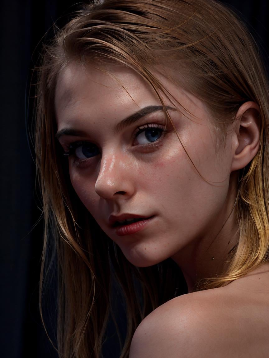 (CharlotteCarmen:1), (to8contrast style),(Close-up:1.1) portrait, 8k RAW photo, highest quality, detailed eyes, looking at the camera, best shadow, intricate details, interior, golden blonde hair, muted colors, high contrast style, glam shot, smoldering, sultry, intense, languid, tempting, sensual, seductive, longing, yearning, smitten, dark photography studio, minimal lighting, deep shadows, stark contrasts, dramatic highlights, black backdrop, dimples, fullness, plumpness, natural pout, lusciousness, red lips, bold color, alluring, captivating, striking, unforgettable, stunning, breathtaking, timeless beauty, bare shoulders, shoulder forward,