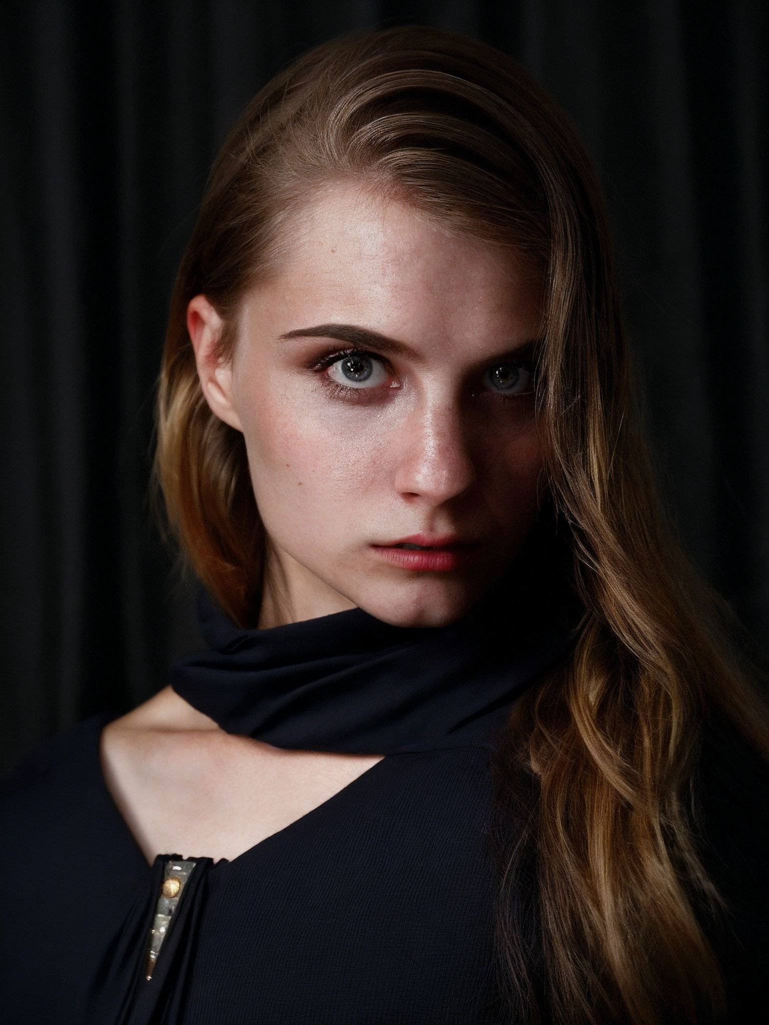 <lora:CharlotteCarmen_SD15_v1.4:1> a (((Realistic))) Full Portrait Photo of a realistic woman in a dark theme, simple background, vogue, focus, stern, concentrating, confident, staring, poised, focused, looking to the side, detailed eyes, detailed face, detailed pupils, detailed iris, detailed cheekbones, detailed lips