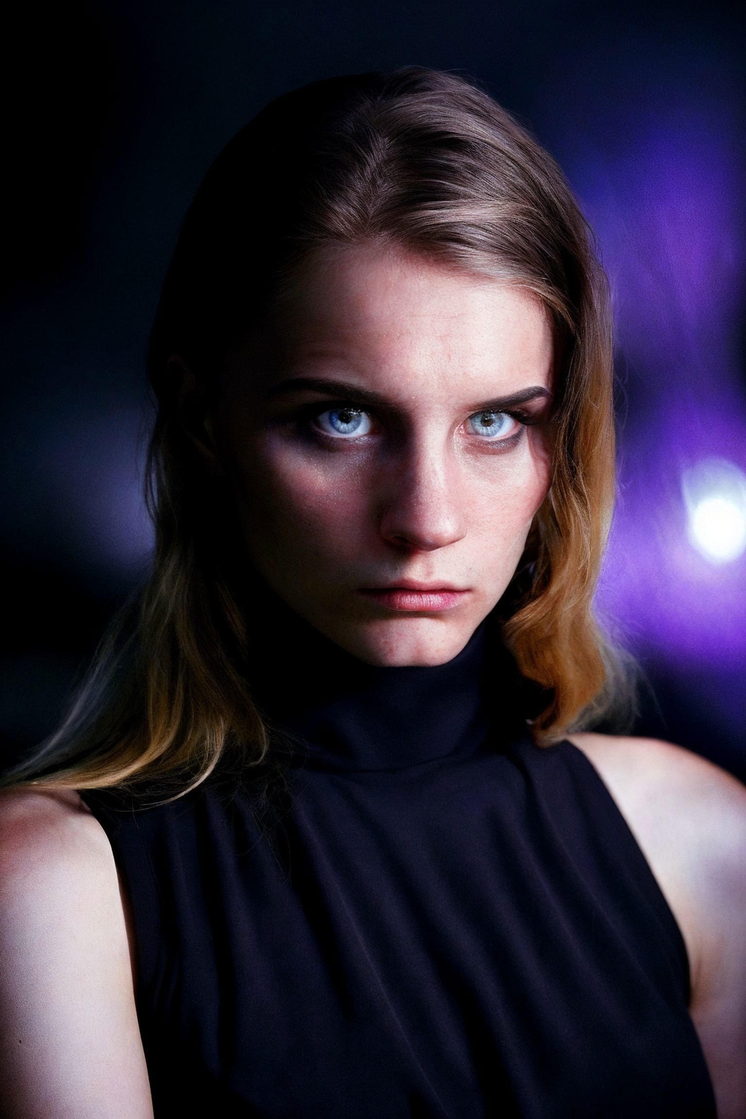 <lora:CharlotteCarmen_SD15_v1.4:1>a (((Realistic))) Full Portrait Photo of a realistic woman in a dark theme, simple background, vogue, focus, stern, concentrating, confident, staring, poised, focused, looking to the side, detailed eyes, detailed face, detailed pupils, detailed iris, detailed cheekbones, detailed lips