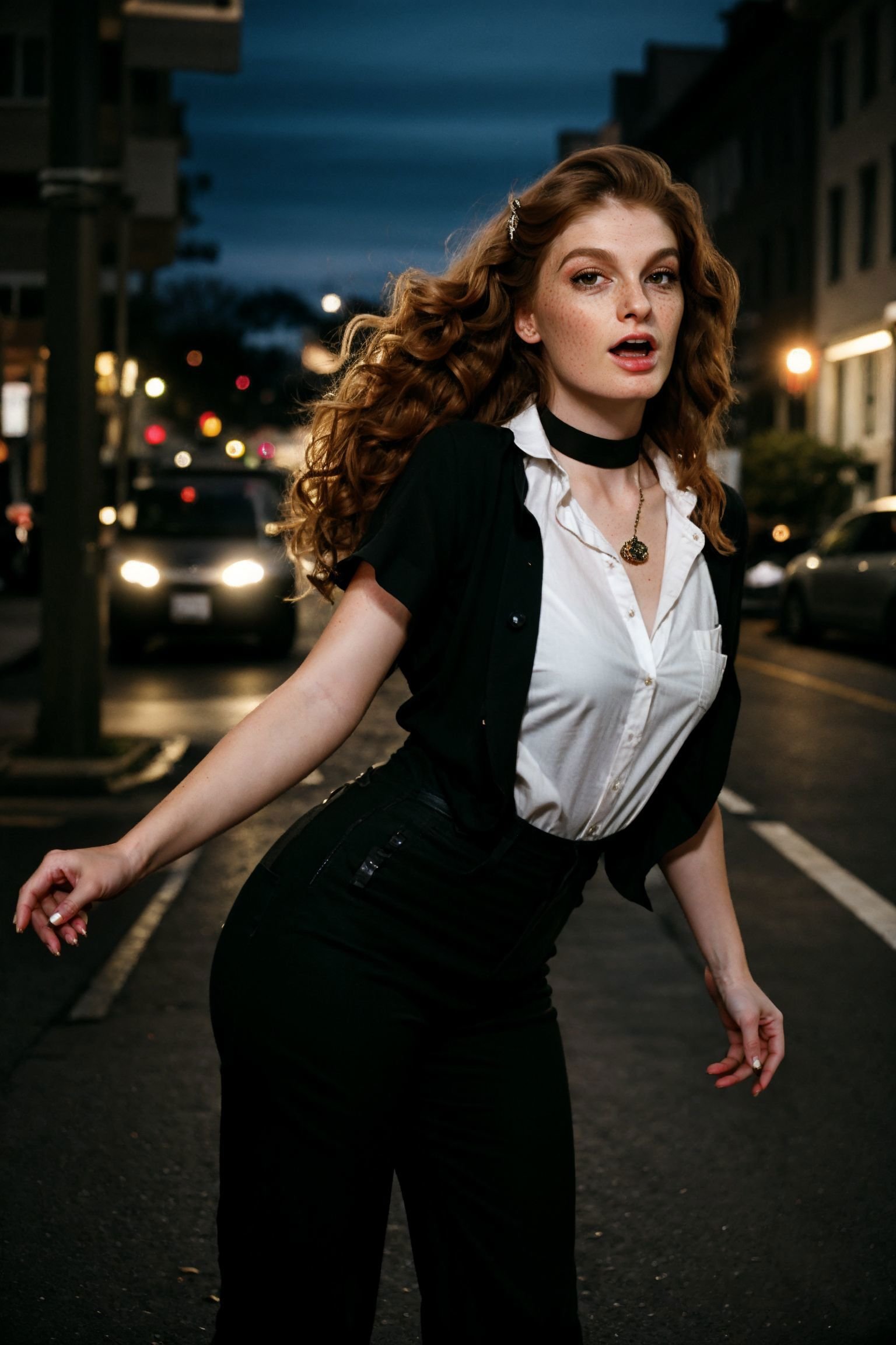 <lora:FayeReagan_1.0-000001:1> FayeReaganin a (dynamic pose:1.2)(female in city night life theme),Beauty photo, facing viewer,with (                Zara    Flutter sleeve blouse   Wide leg pants  Mules   Choker necklace Chic & polished:1.2)(long curly hair,:1.3) hairstyle, (head tilt,:1.2)detailed hair strand, ear, detailed upper torso, detailed eyes, detailed pupils, detailed iris, detailed nose, detailed lips, ears, detailed sideburns, eye reflection, ray tracing, path tracing,in style ofRichard Avedon Portrait Large-format camera, high-quality lenses Simple backgrounds,<lora:epiC35mm:1> epiCPhoto, (plunging neckline:-1) (busy street corner:1.1), street lighting, laughing, 