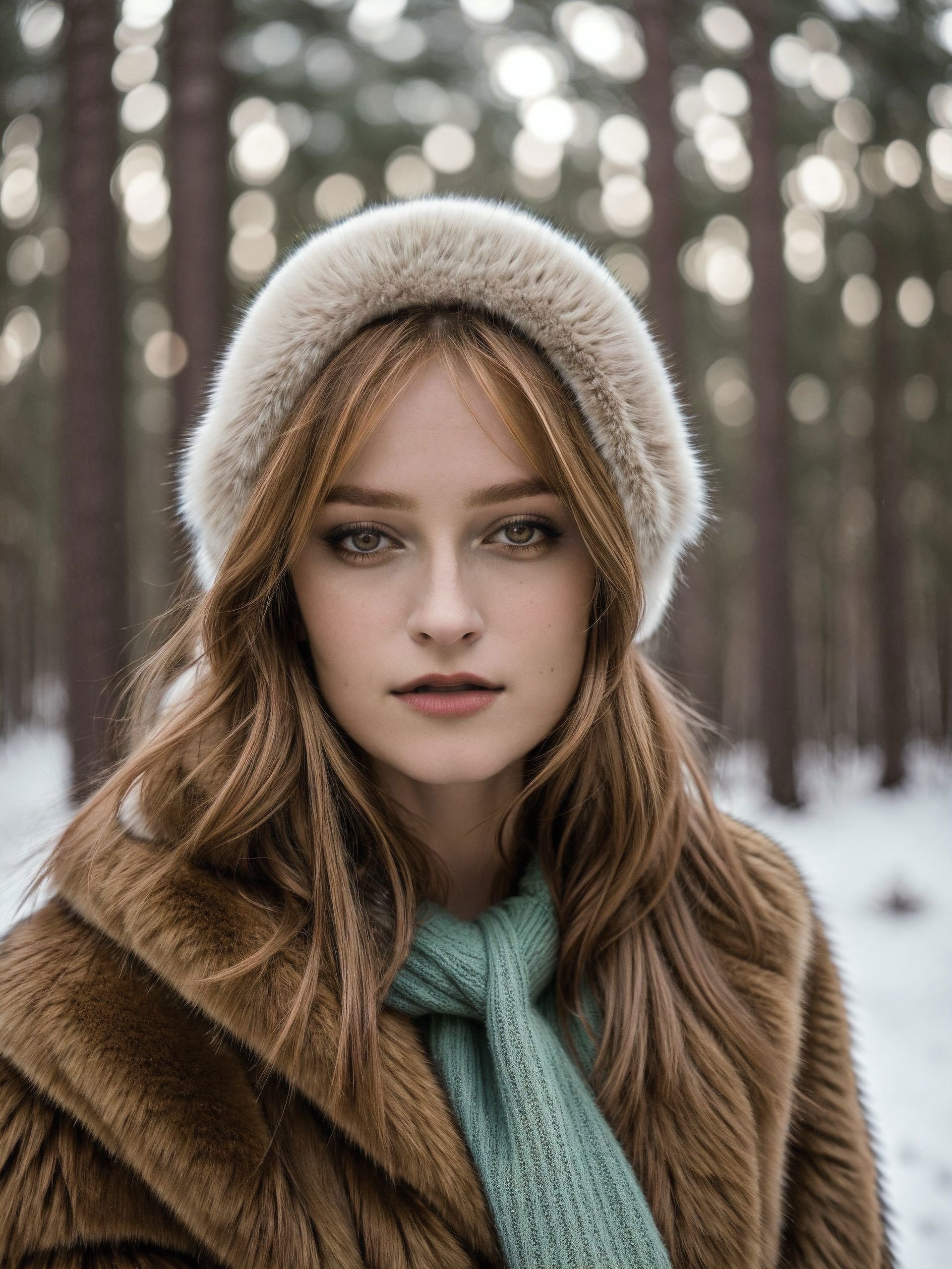 <lora:DollyDyson_SD15_v1.0-000006:.75> cinematic photography of DollyDyson, intimate, winter, fur coat, snowflakes, bokeh trees in Colorado forest, Phase One XF IQ4 150MP camera, using an 80mm lens, f/4.0 aperture, 1/200s shutter speed, and ISO 100