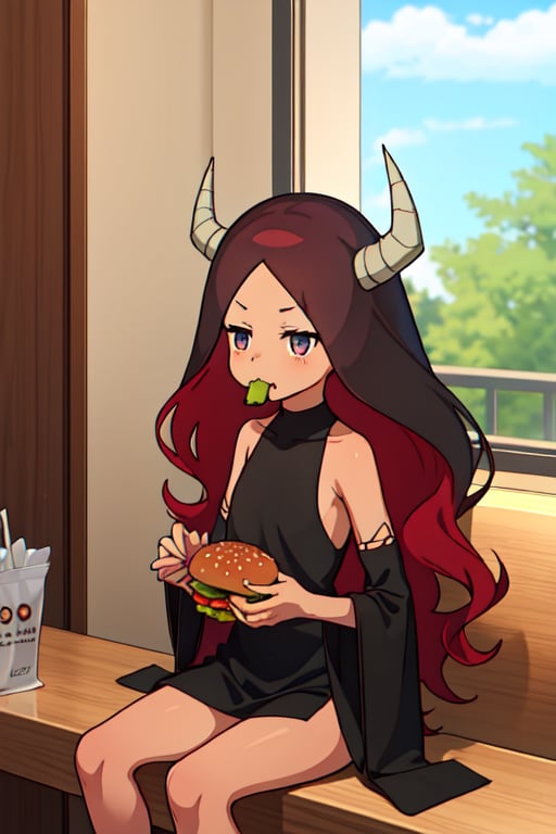 absurdres, highres, ultra detailed, maou, black dress, side slits, black detached sleeves, sitting, two-handed burger, holding huge burger with both hands, eating,maou