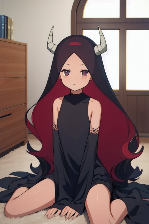 absurdres, highres, ultra detailed, maou, long hair, black dress, black detached sleeves, expressionless, sitting, wariza, indoors, looking at viewer,maou