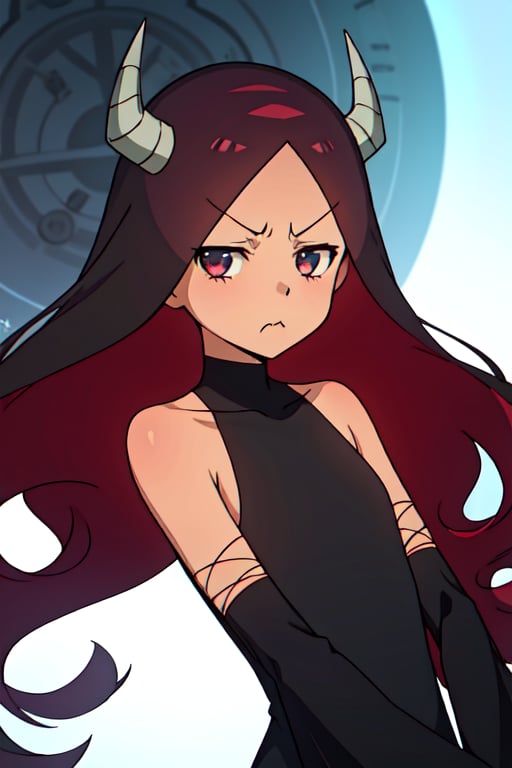 absurdres, highres, ultra detailed, maou, long hair, black dress, black detached sleeves, expressionless, frown, pout, upper body, looking at viewer,maou