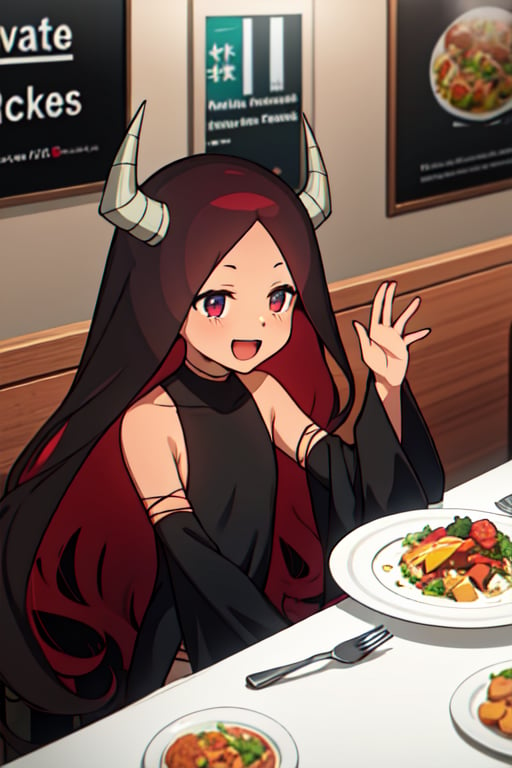 absurdres, highres, ultra detailed, , maou, long hair, black dress, black detached sleeves, :d, food, restaurant, table, plate