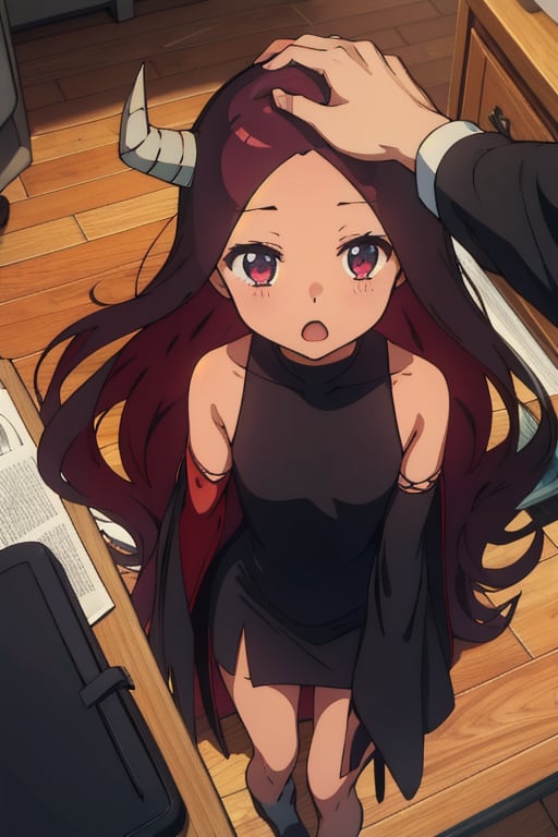 absurdres, highres, ultra detailed, , maou, black dress, side slits, black detached sleeves, HeadpatPOV, pov, headpat, from above, indoors, :o,maou,