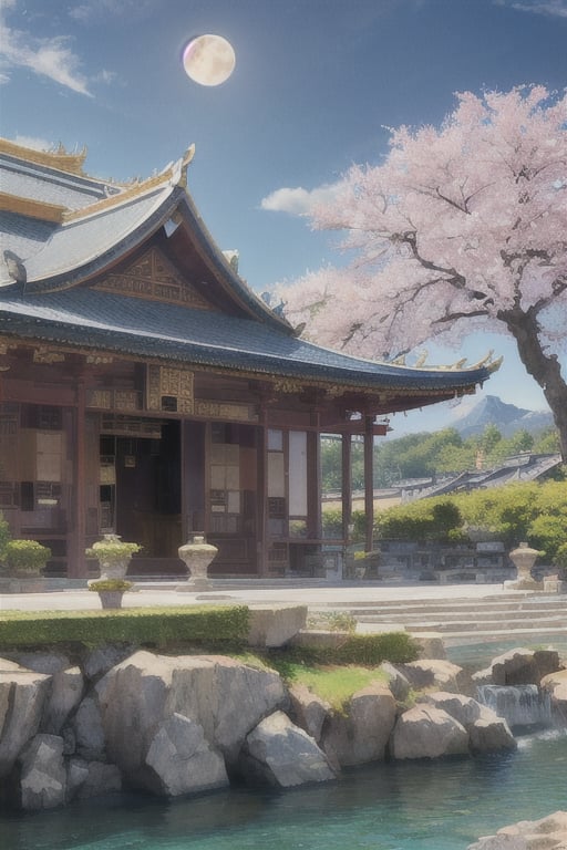 (((masterpiece))),((extremely detailed CG unity 8k wallpaper)),best quality,high resolution illustration,Amazing,highres,intricate detail,(best illumination, best shadow, an extremely delicate and beautiful),architecture,east asian architecture,no humans,tree,scenery,cloud,outdoors,cherry blossoms,water,petals,rock,pagoda,sky,moon,mountain,sun,building,