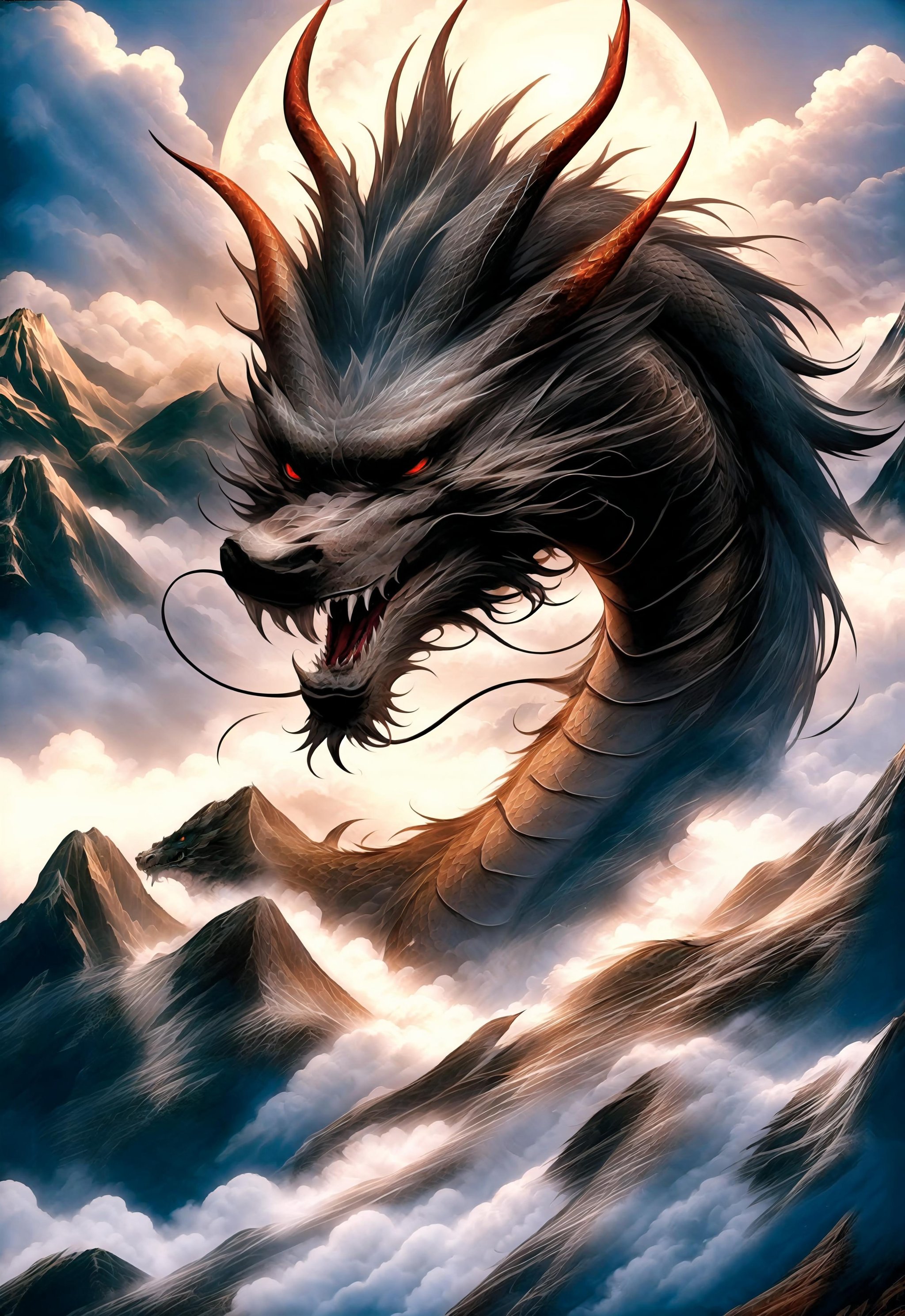 guchen,eastern dragon,The dragon takes up less than half of the screen,no humans,wings,fangs,dark colored,claws,dragon horns,full moon,night sky,mountain,cloud,Detailed,high-quality,high-definition presentation of Sister Xu,<lora:yishoulv-000012:0.8>,