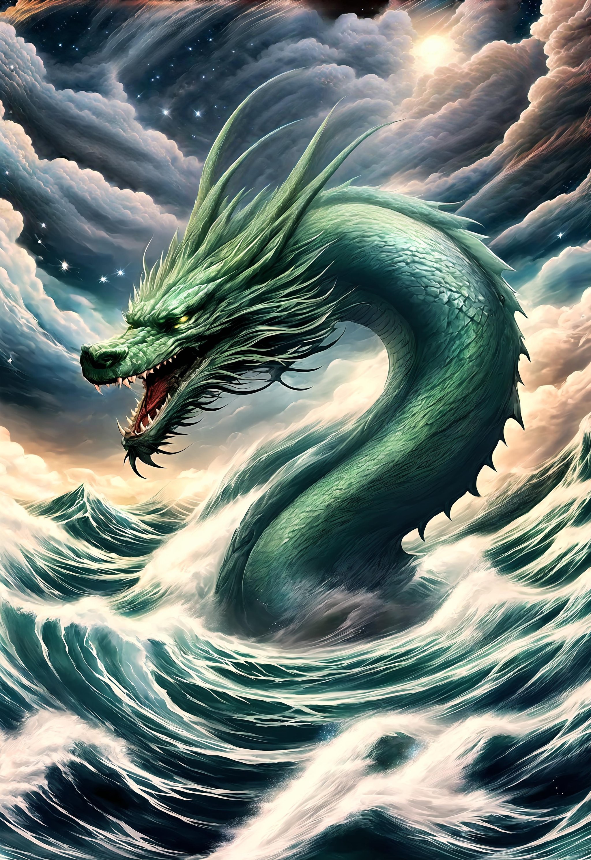 guchen,eastern dragon,blue,no humans,fangs,claws,full moon,mountain,waves,cloud,water,watercraft,(starry sky:1.5),<lora:yishoulv-000012:0.8>,