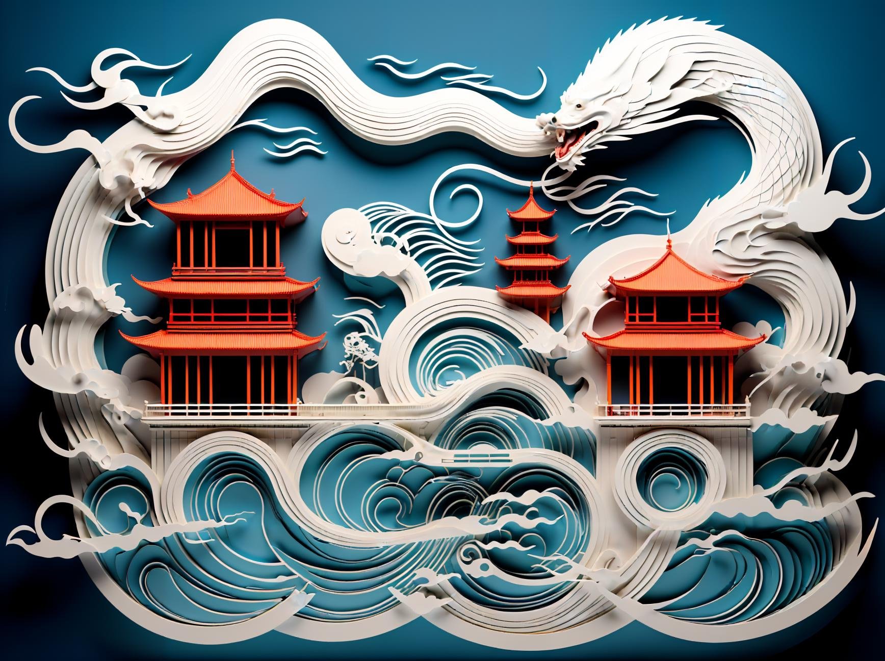 guchen,no humans,dragon,eastern dragon,cloud,waves,scenery,black background,pagoda,fangs,water,building,mountain,Blue Theme,<lora:longhexinchun-000010:0.7>,