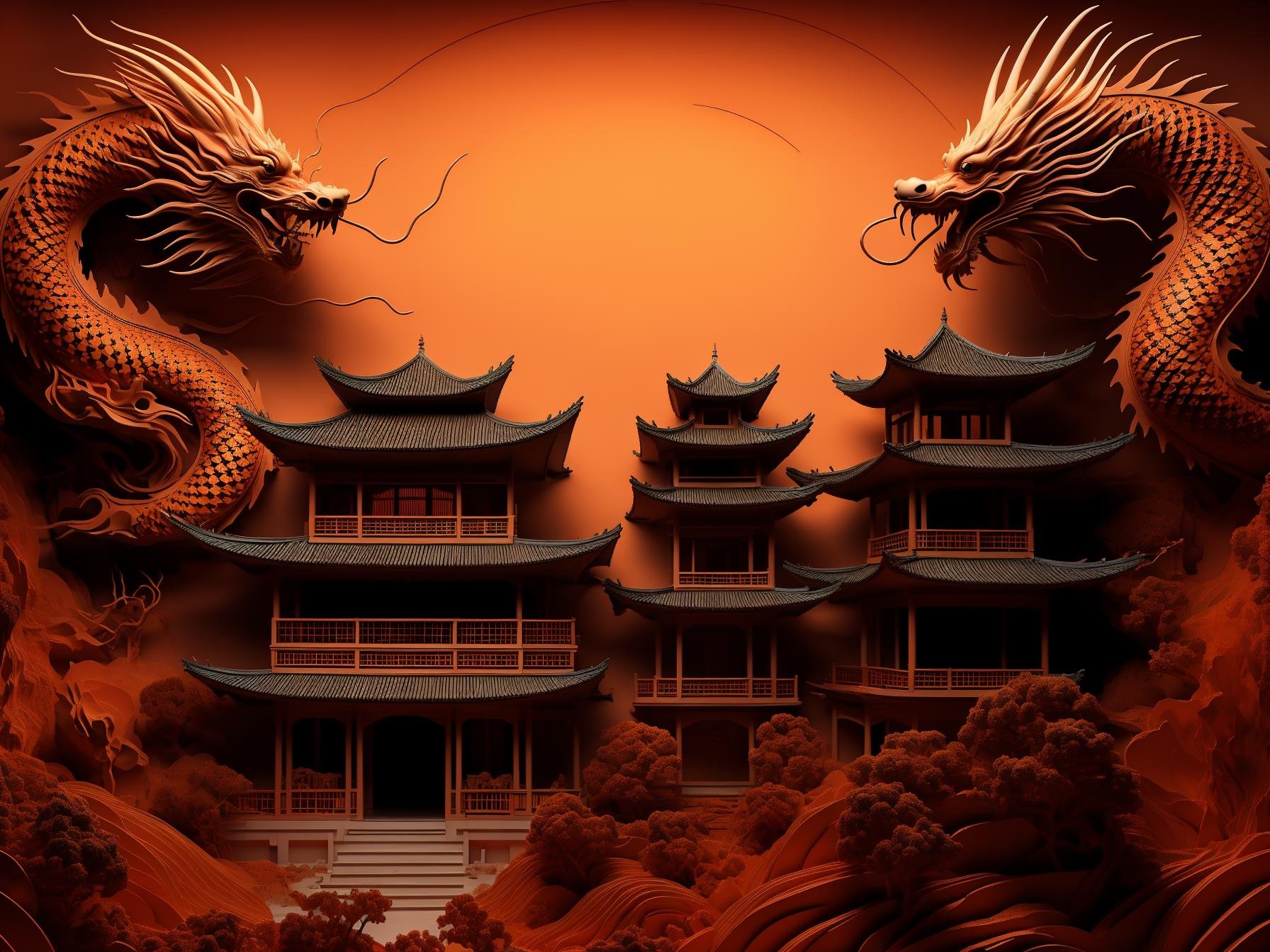 guchen,(dragon:1.1),(eastern dragon:1.1),no humans,scenery,(pagoda:0.9),cloud,(building:0.9),horns,Dark Red Theme,(mountain:1.1),(orange theme:1.1),<lora:longhexinchun-000010:0.6>,