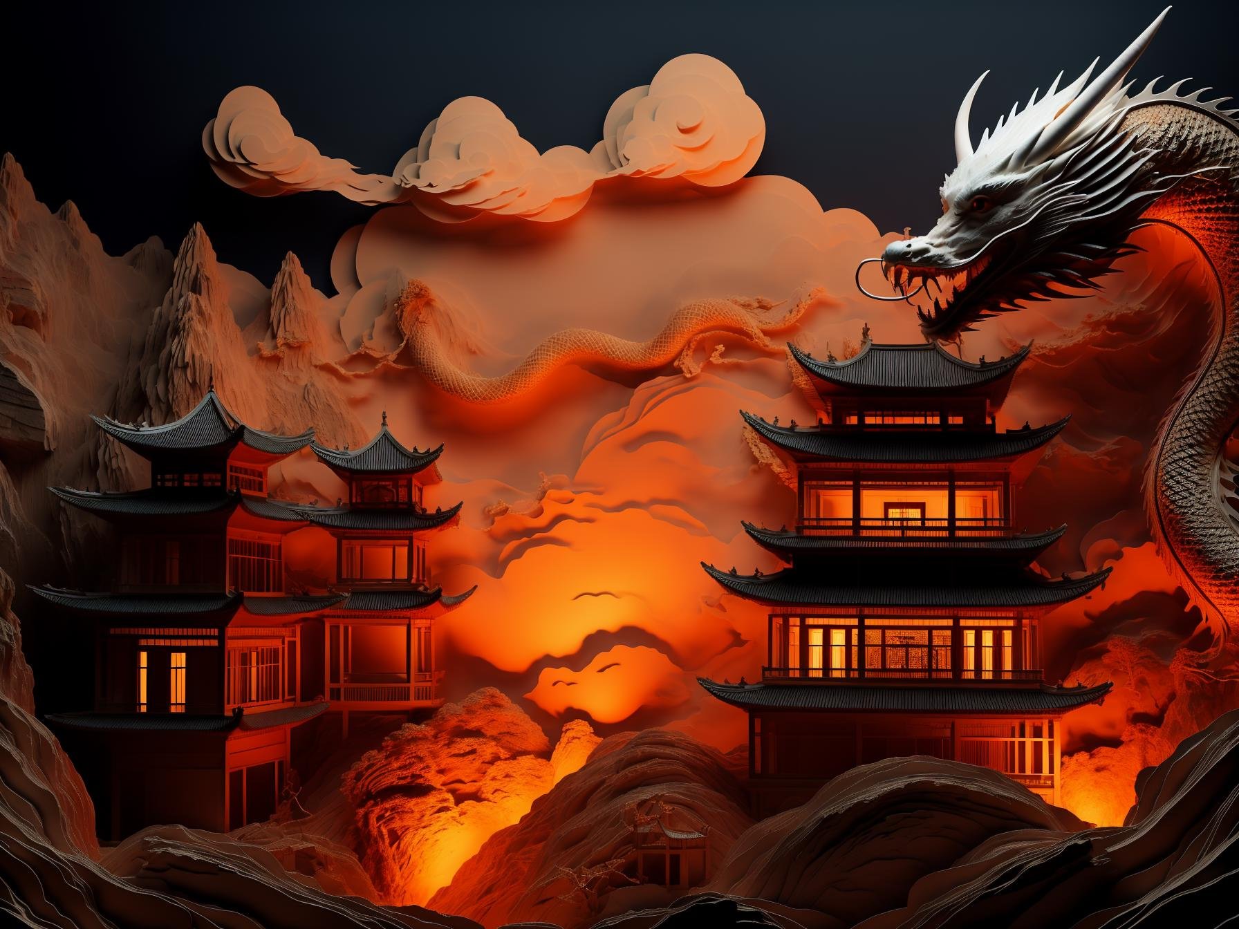 guchen,(dragon:1.1),(eastern dragon:1.1),no humans,scenery,(pagoda:0.9),cloud,(building:0.9),horns,Dark Red Theme,(mountain:1.1),(orange theme:1.1),<lora:longhexinchun-000010:0.6>,