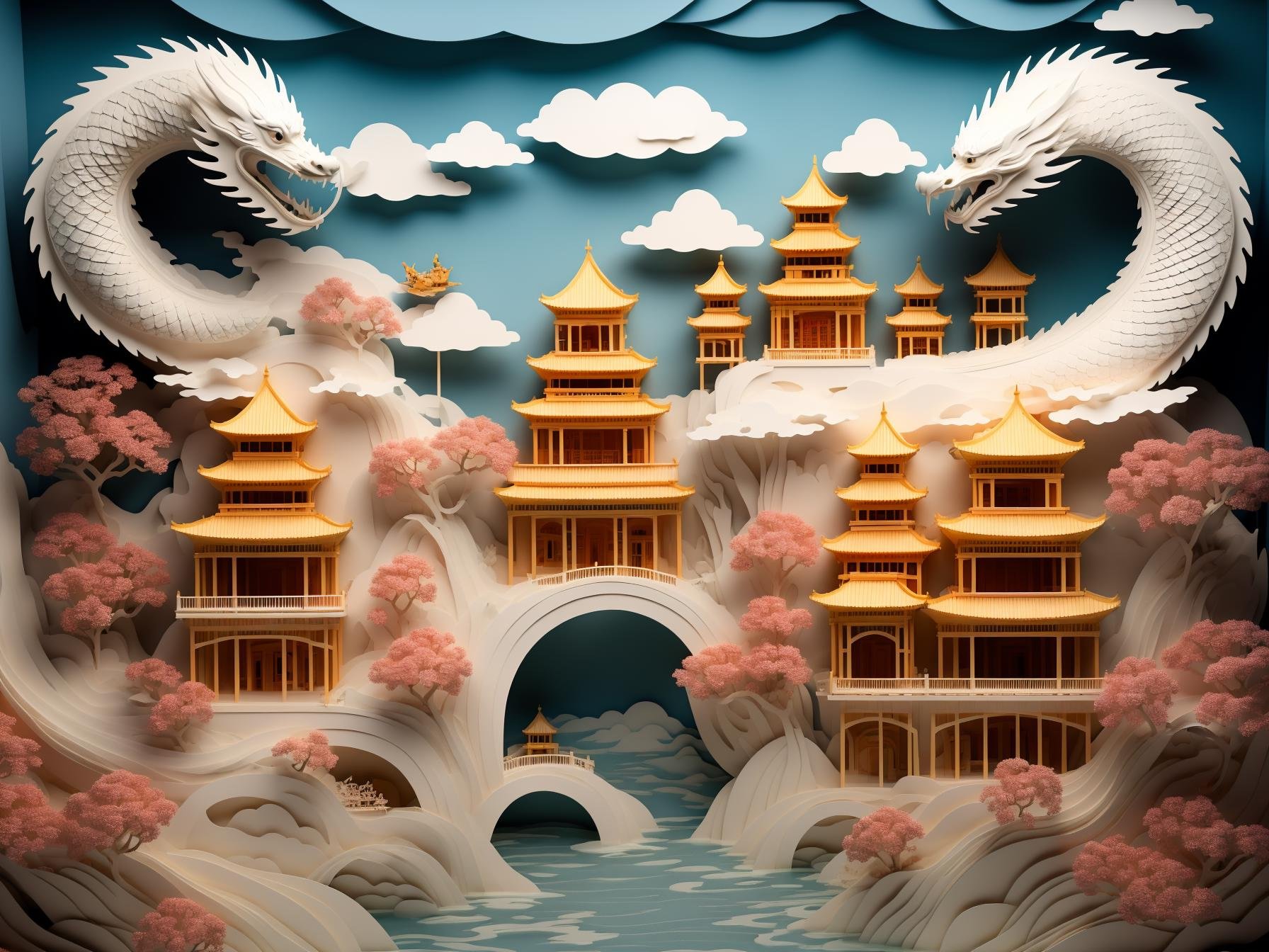 guchen,(dragon:1.2),no humans,pagoda,scenery,(eastern dragon:1.2),building,bird,cloud,Light Color Theme,water,tree,<lora:longhexinchun-000010:0.6>,