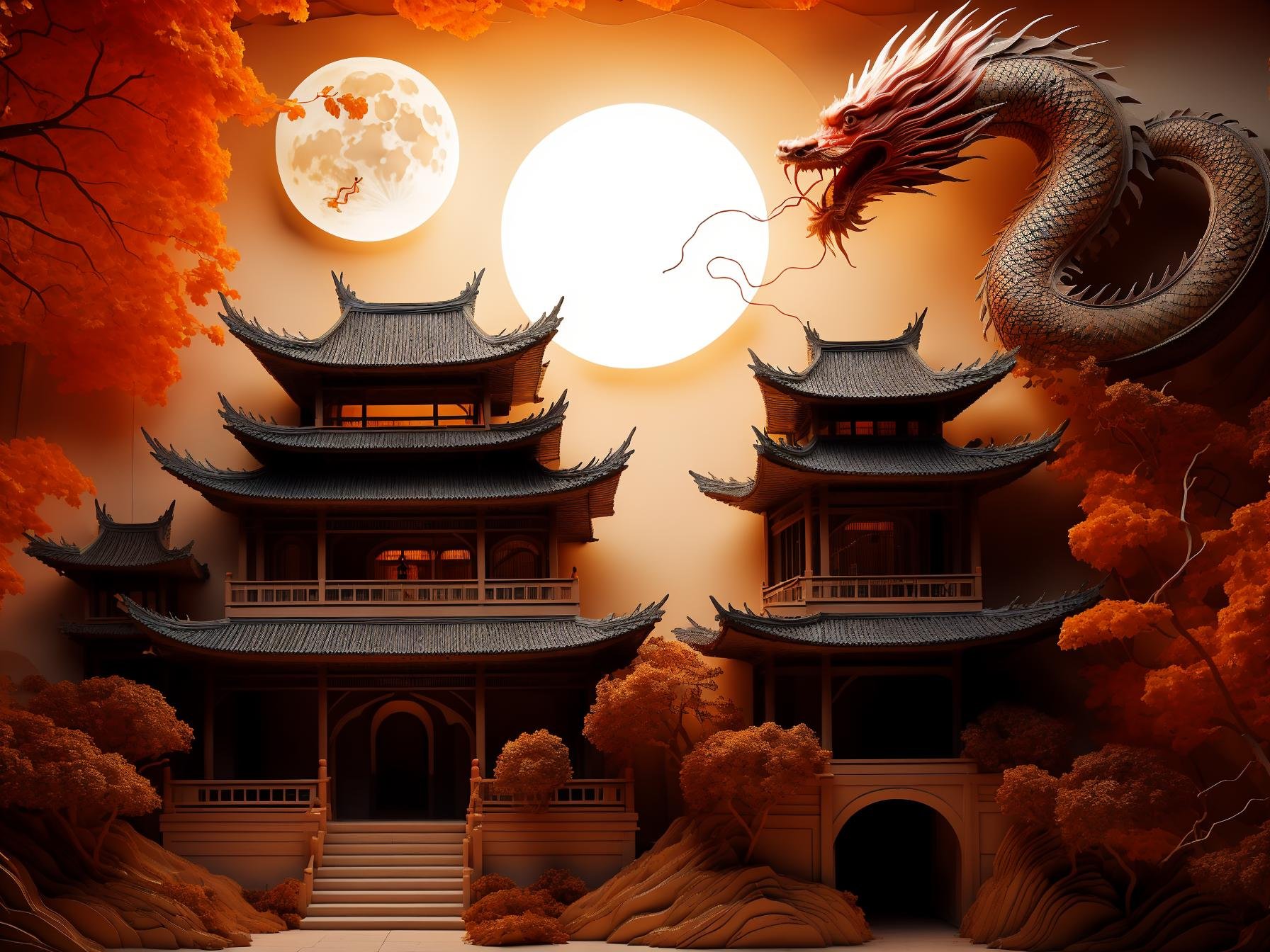 guchen,(dragon:1.2),(eastern dragon:1.3),(red theme:1.2),(tree:1.1),lantern,horns,(cloud:1.2),leaf,scenery,pagoda,(building:0.8),(orange:1.1),<lora:longhexinchun-000010:0.6>,full_moon,