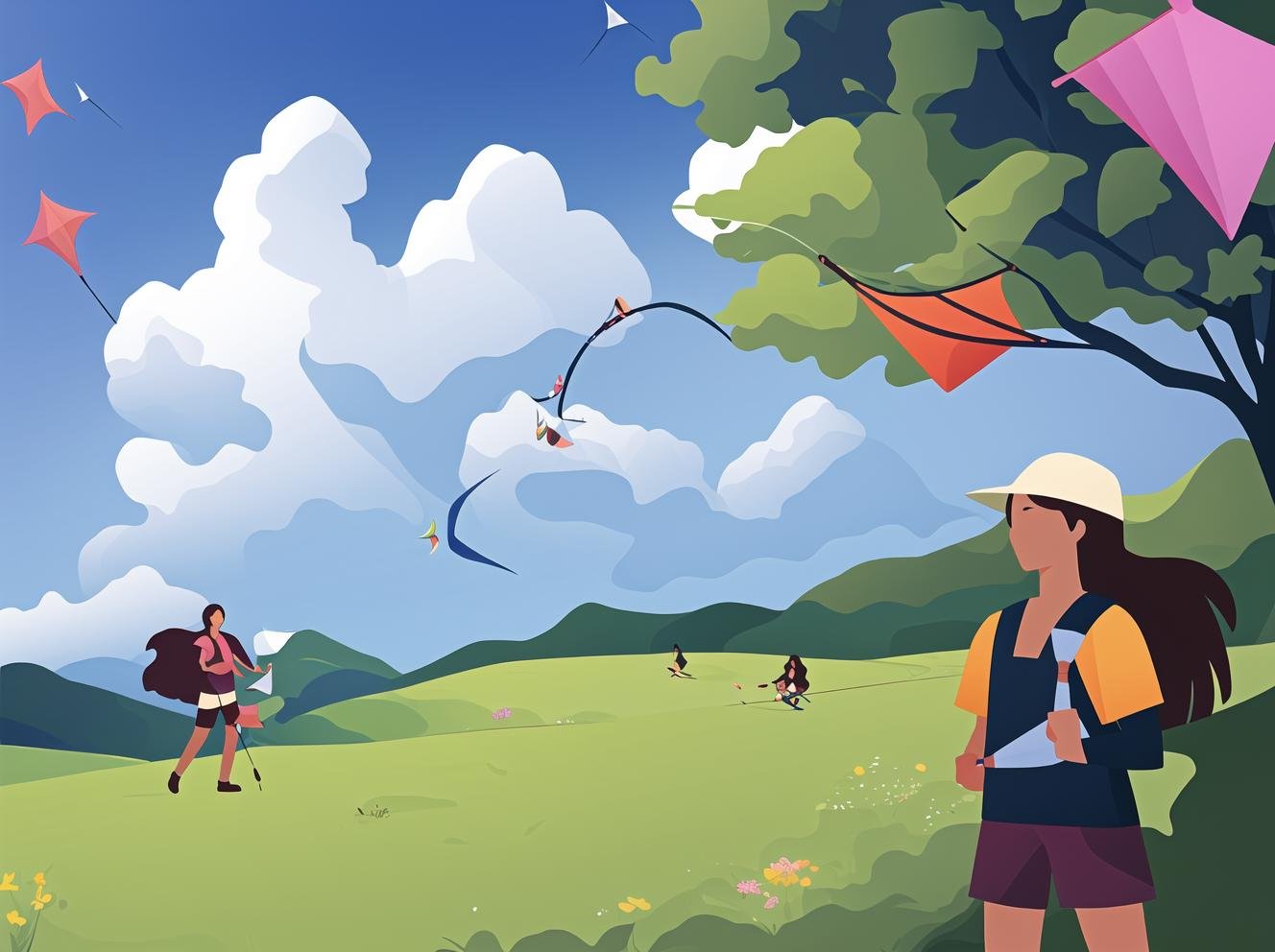 (tree:1.1),(cloud:0.8),in a meadow,mount,long hair,short_sleeves,shorts,kite_flying,<lora:bianping-v1.0:1>,, masterpiece, best quality,