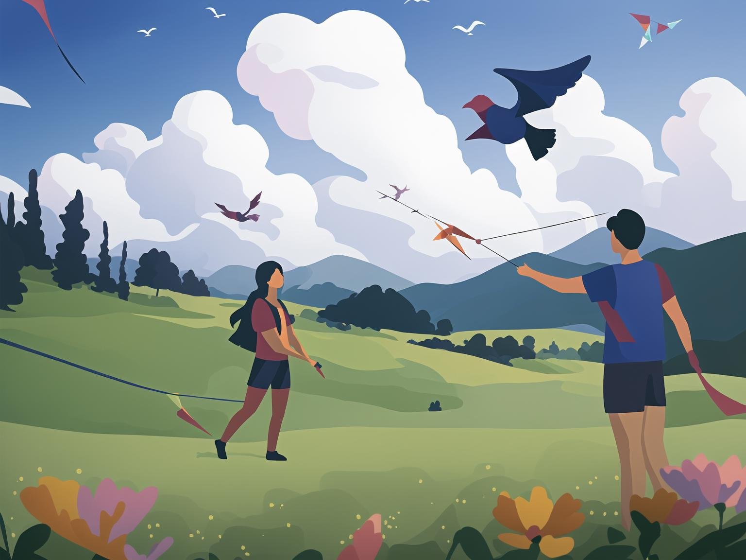 (tree:1.1),(cloud:0.8),in a meadow,mount,(bird:0.8),long hair,short_sleeves,shorts,<lora:pingmianchahua-3:1>,kite_flying,, masterpiece, best quality,