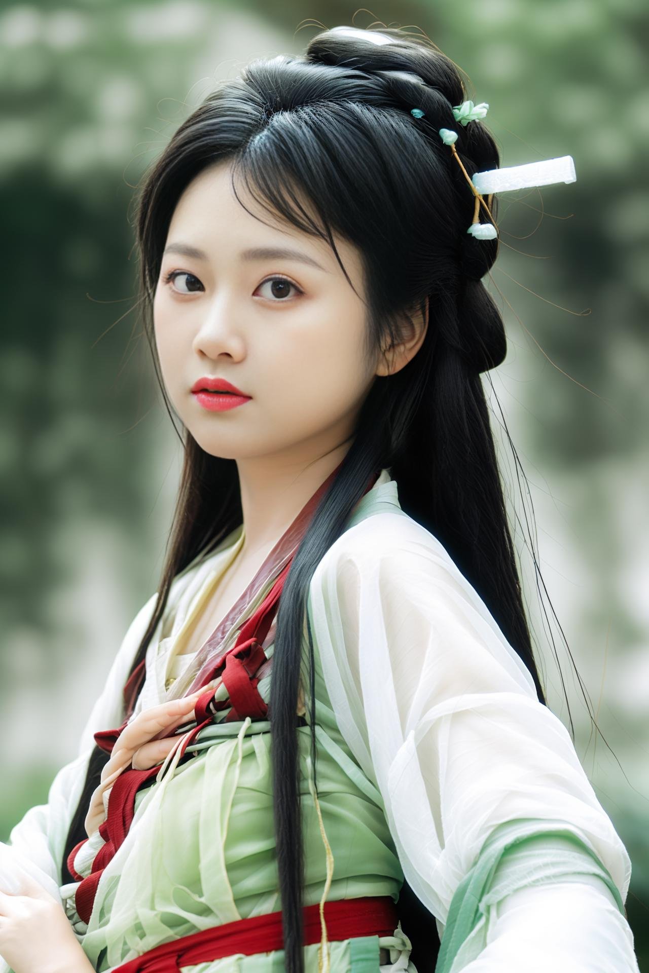 1girl,solo,long hair,looking at viewer,upper body,(hair stick:0.9),<lora:GUCHEN-09:0.8>,blurry background,hanfu,