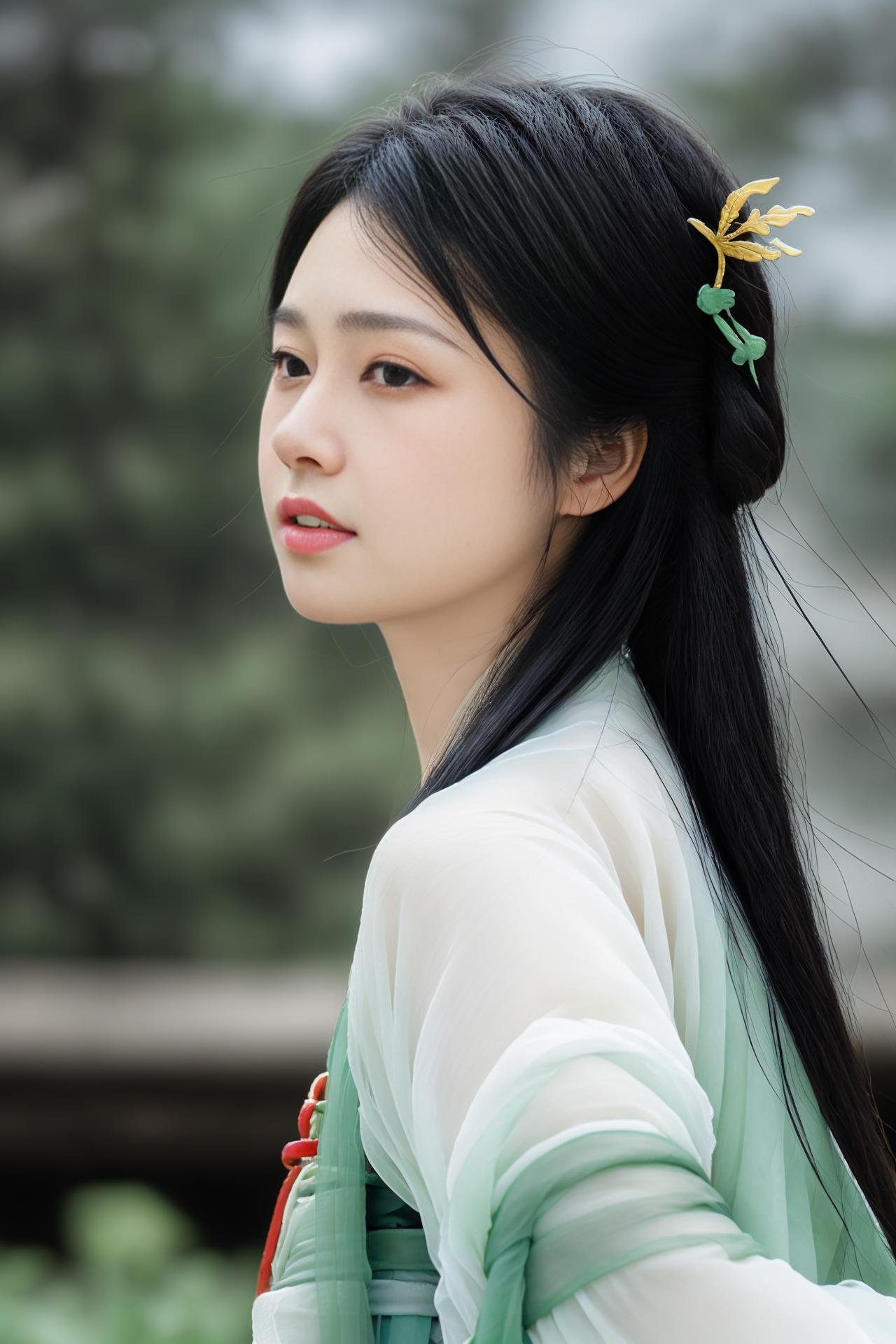 guchen1,1girl,black hair,solo,long hair,hanfu,black eyes,hair ornament,from side,upper body,parted lips,teeth,looking upRealistic,high quality,masterpiece,<lora:GUCHEN-09:0.7>,hanfu,blurry_background,eyelashes,